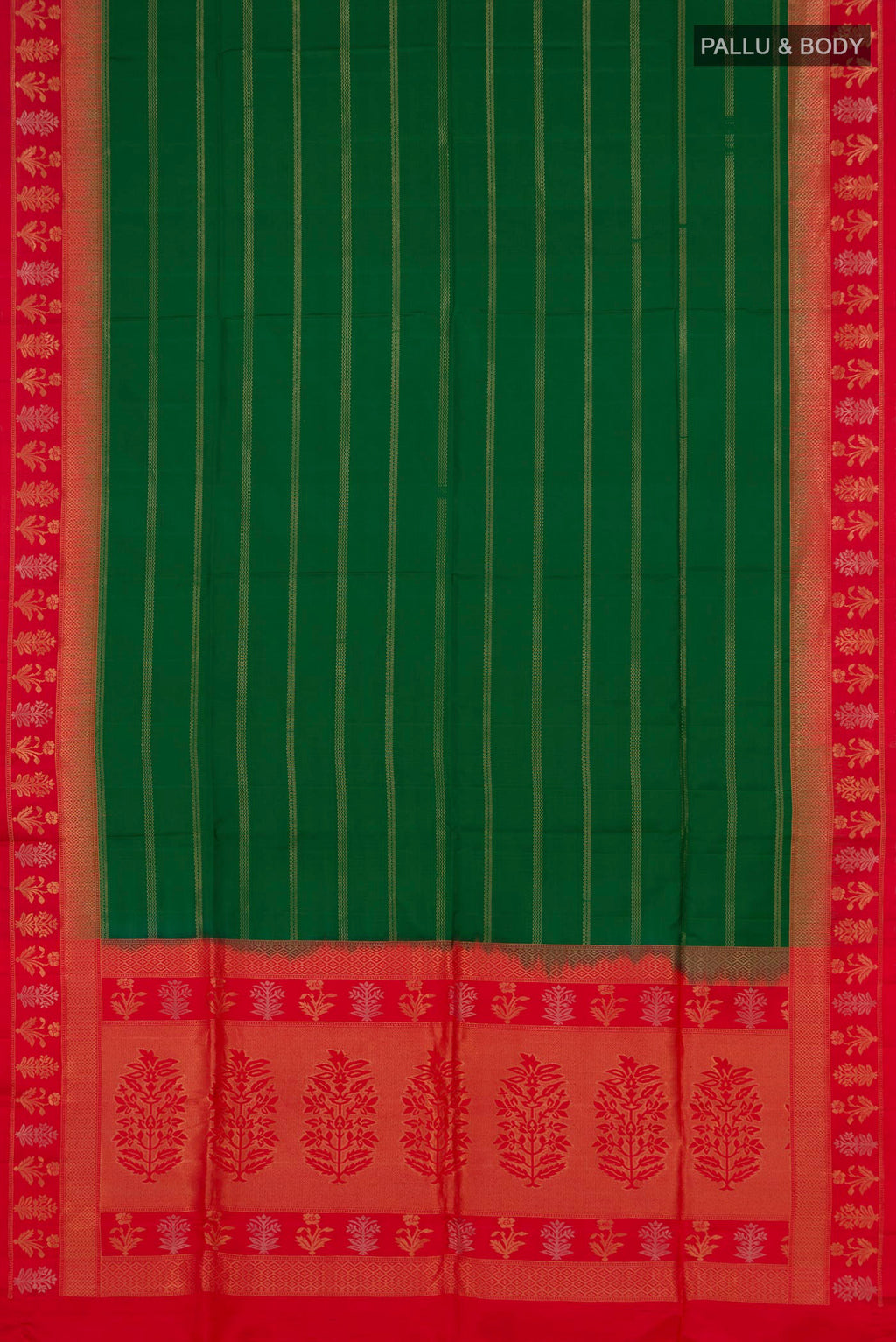 Flat view of Green Soft Silk Saree with Stripes on the body and Fancy Border. 