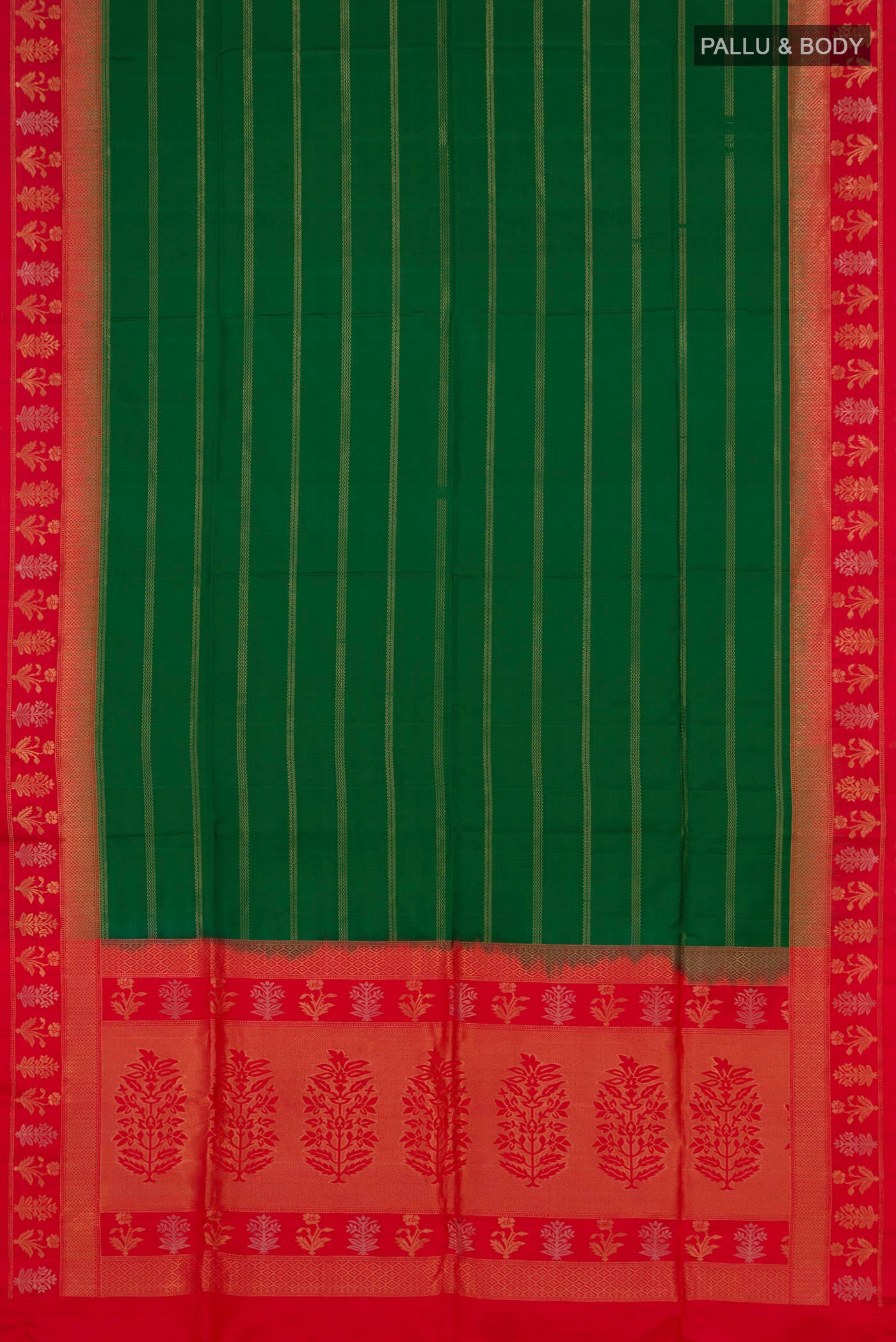 Flat view of Green Soft Silk Saree with Stripes on the body and Fancy Border. 