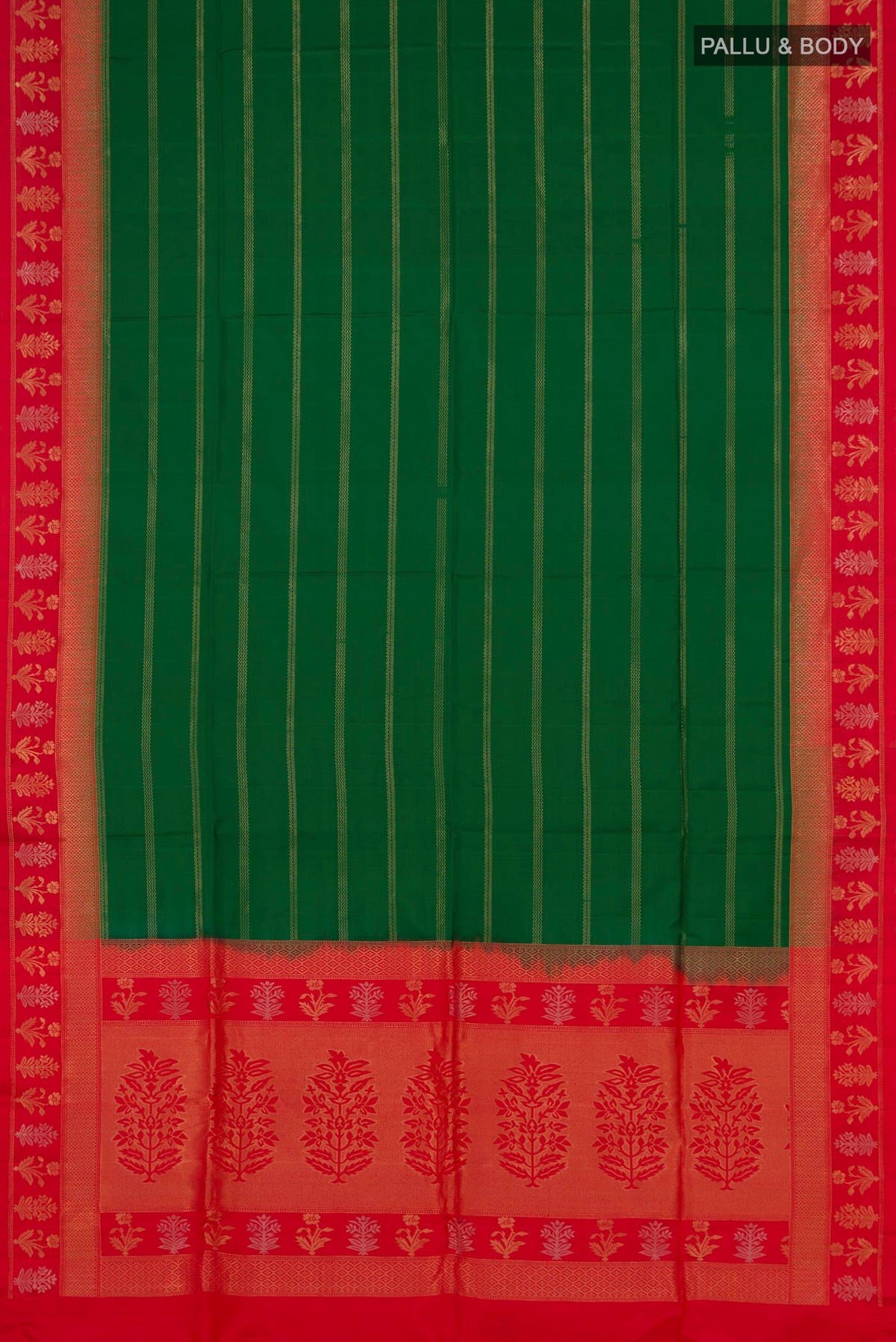 Flat view of Green Soft Silk Saree with Stripes on the body and Fancy Border. 