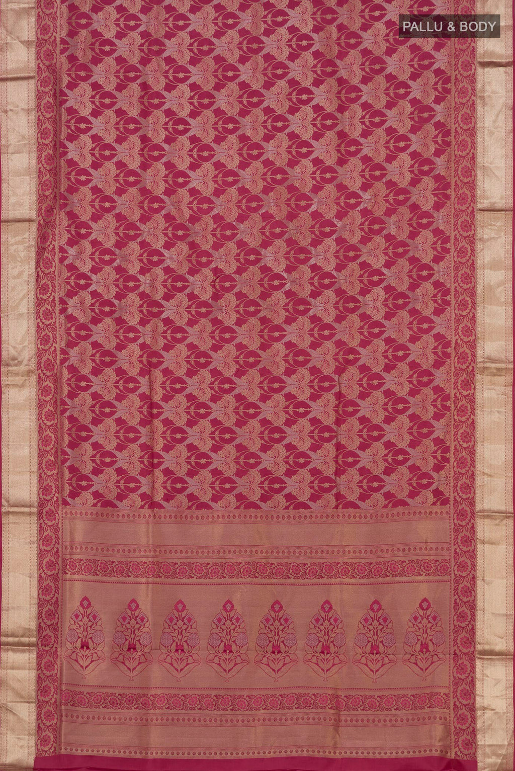 Flat view of Pink Soft Silk Saree with Zari Brocade on the body and Zari Border. 