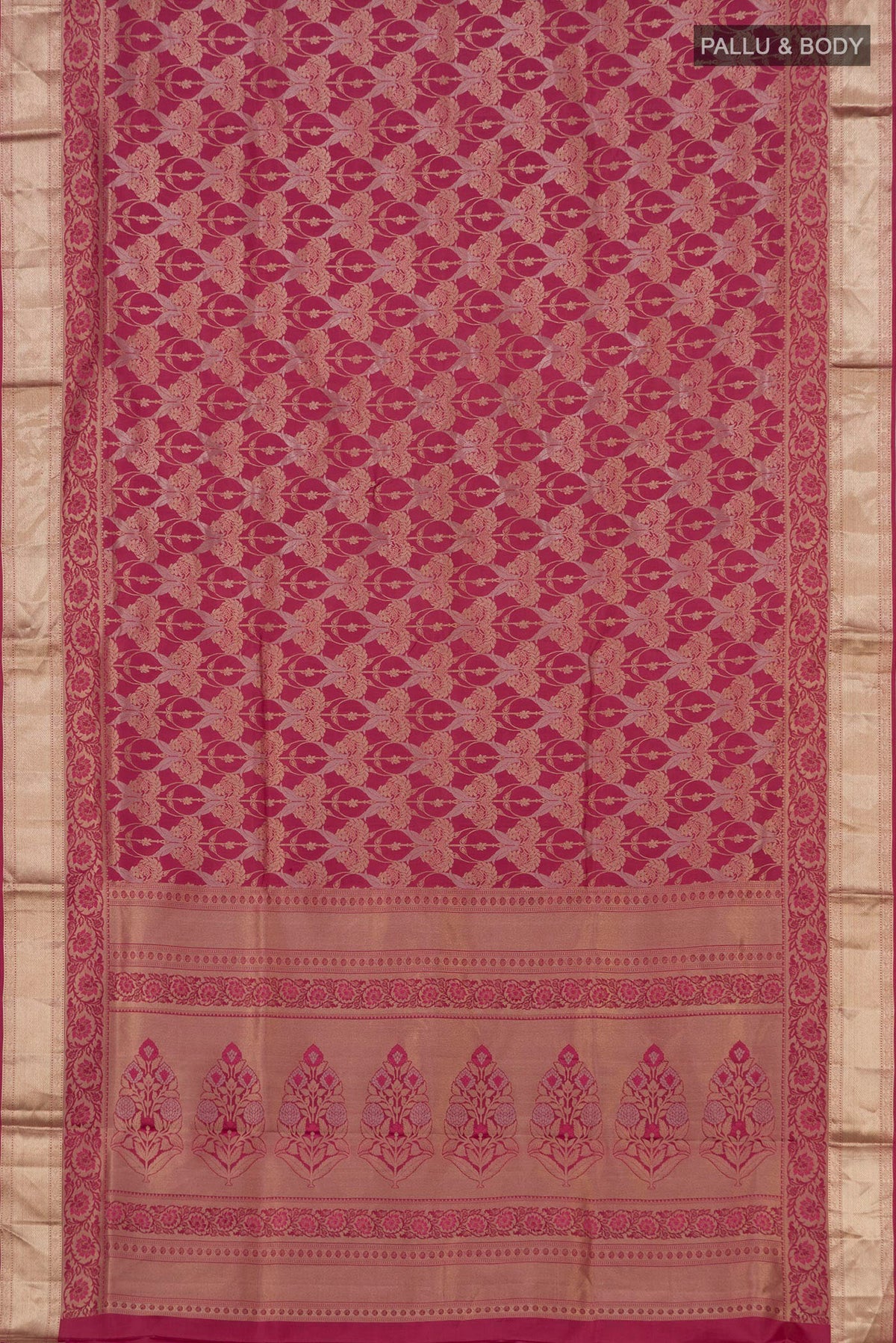 Flat view of Pink Soft Silk Saree with Zari Brocade on the body and Zari Border. 