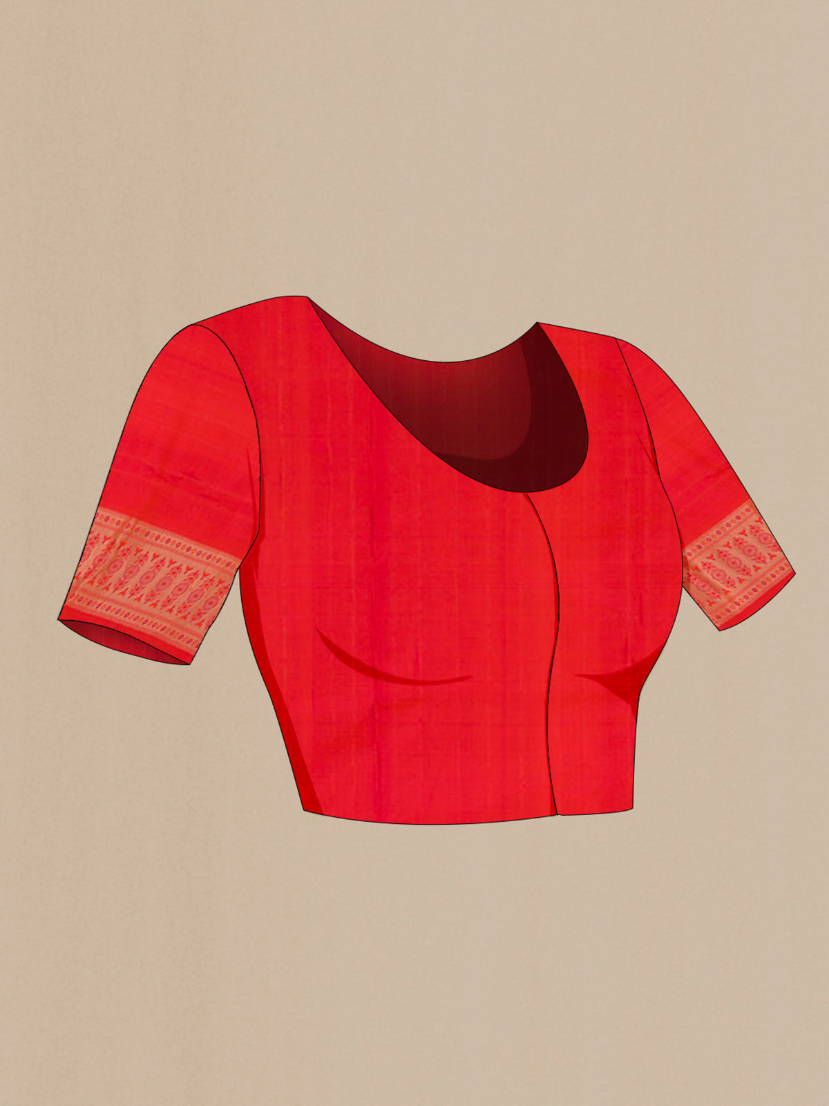 Close up image of the blouse of Orange Soft Silk Saree with Zari Brocade on the body and Fancy Border. 