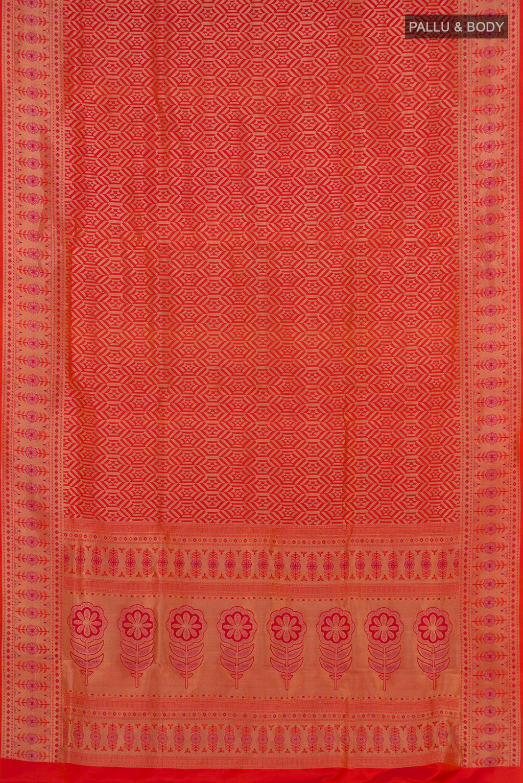 Flat view of Orange Soft Silk Saree with Zari Brocade on the body and Fancy Border. 