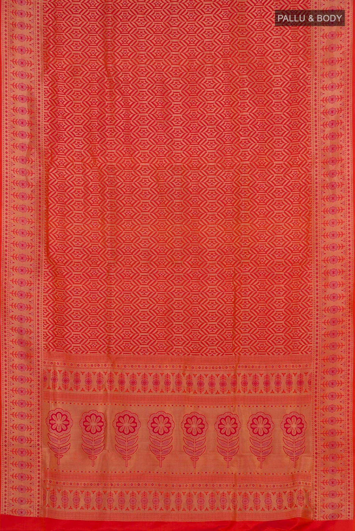 Flat view of Orange Soft Silk Saree with Zari Brocade on the body and Fancy Border. 