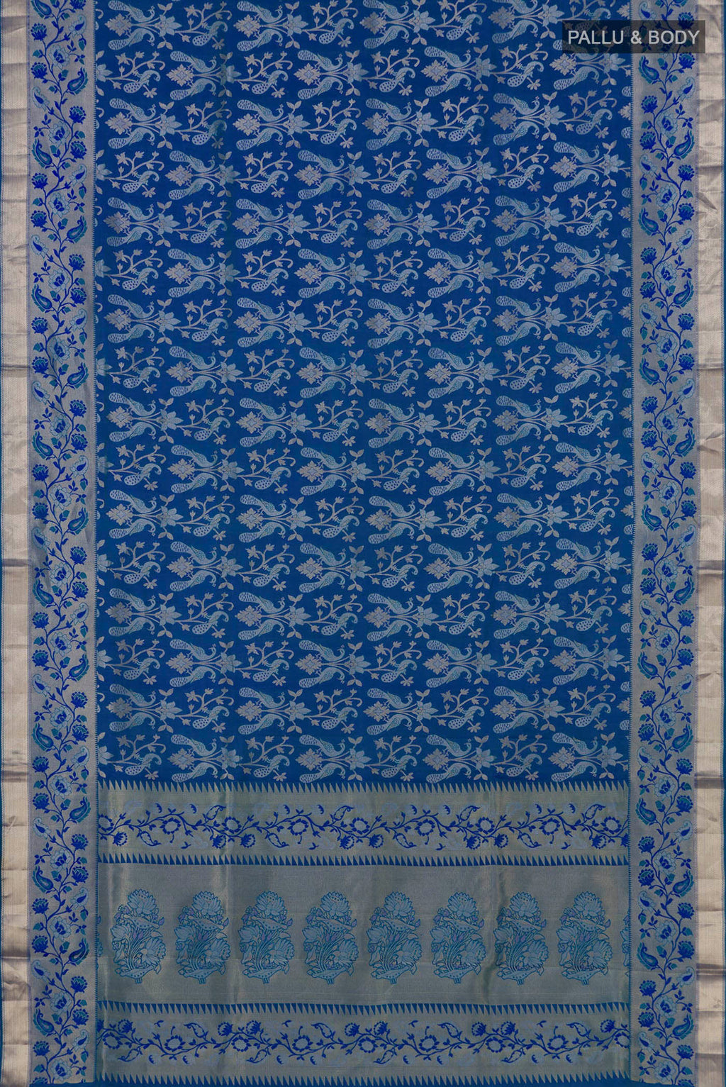 Flat view of Blue Soft Silk Saree with Zari Brocade on the body and Zari Border. 