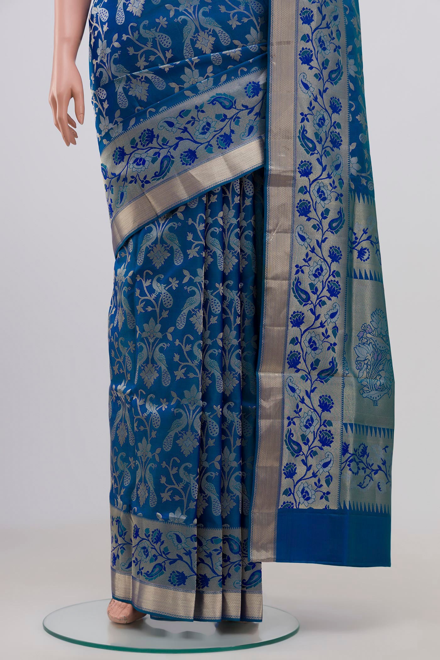Pleats and pallu of Blue Soft Silk Saree with Zari Brocade on the body and Zari Border. 