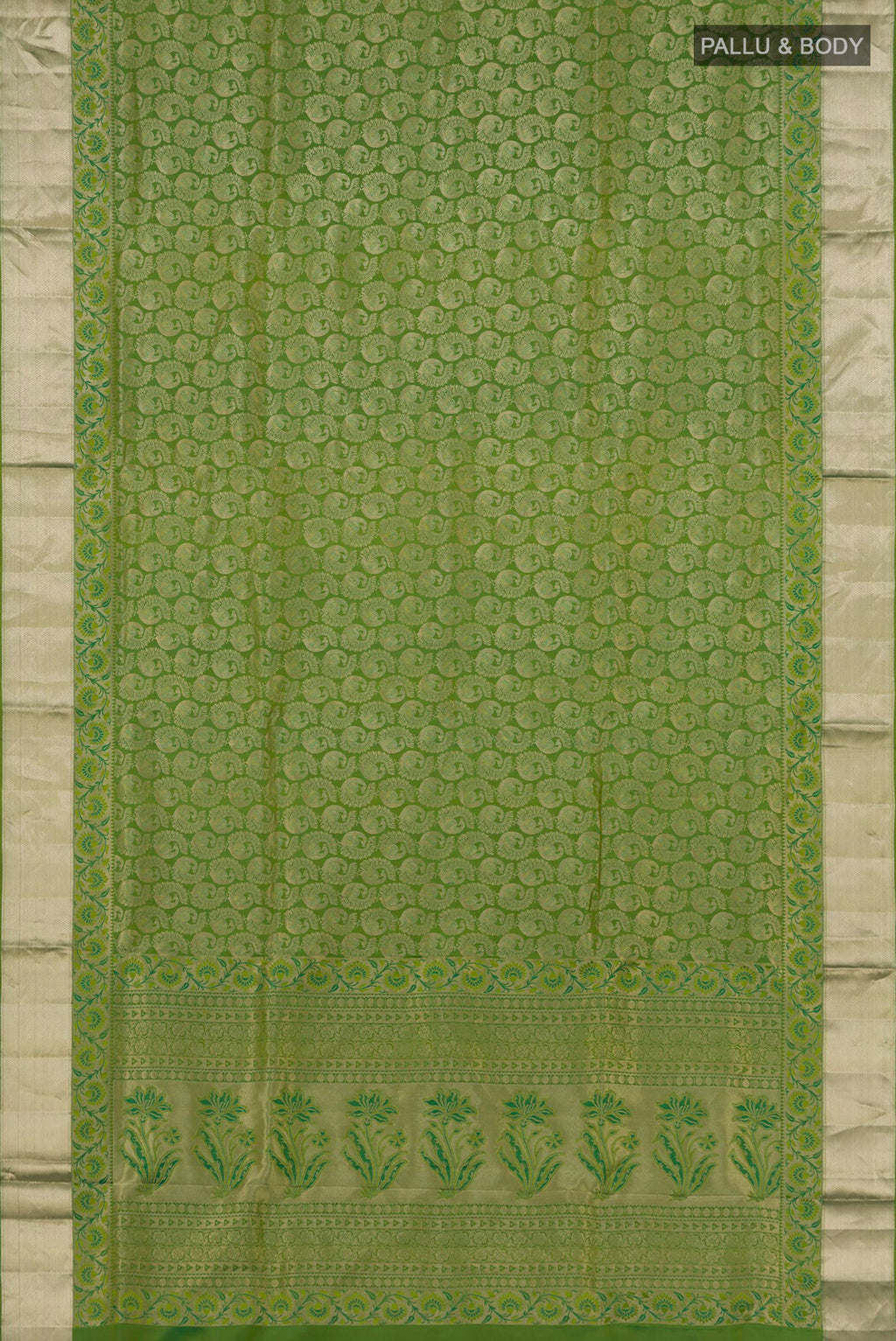 Flat view of Green Soft Silk Saree with Zari Brocade on the body and Zari Border. 