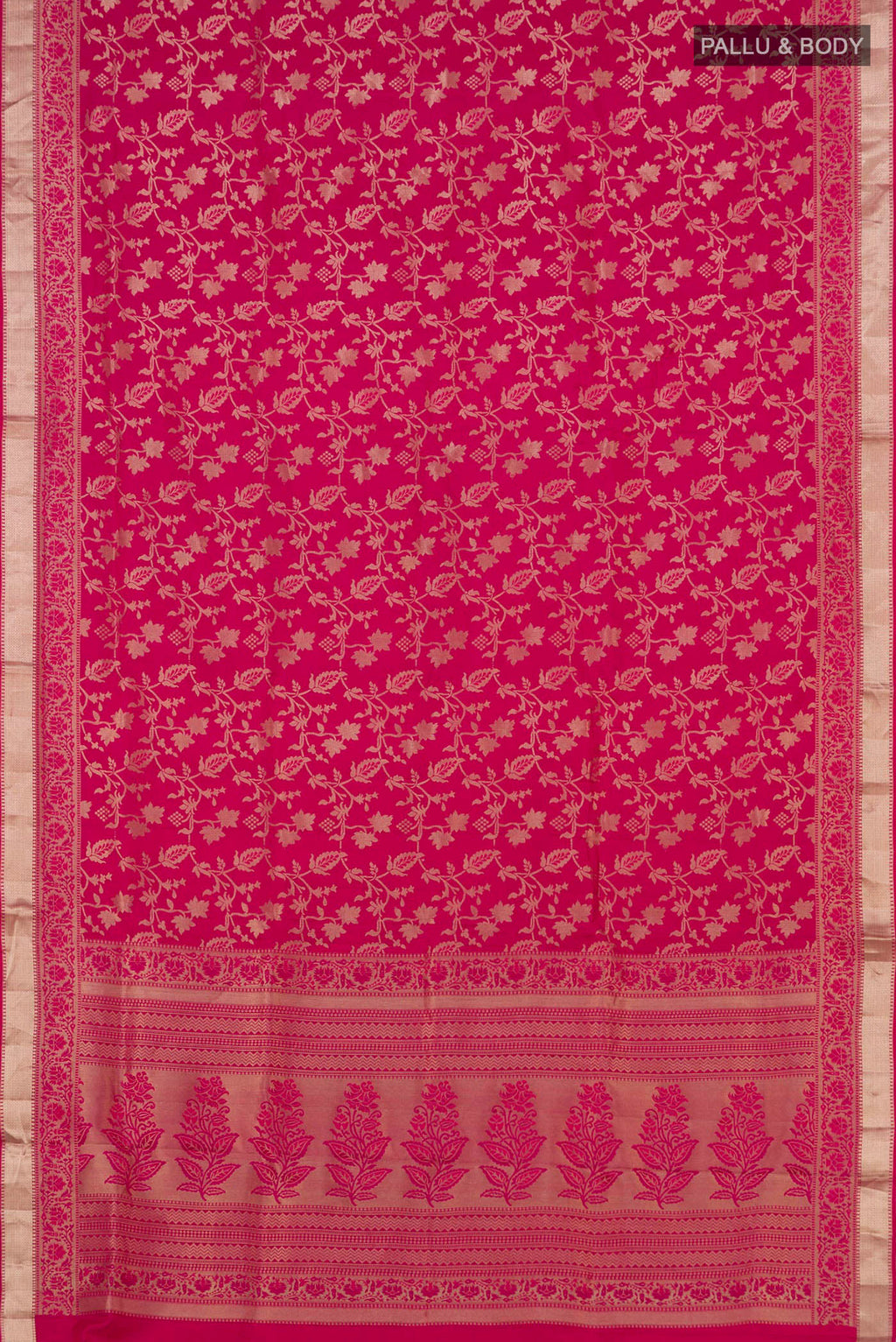 Flat view of Pink Soft Silk Saree with Zari Brocade on the body and Zari Border. 