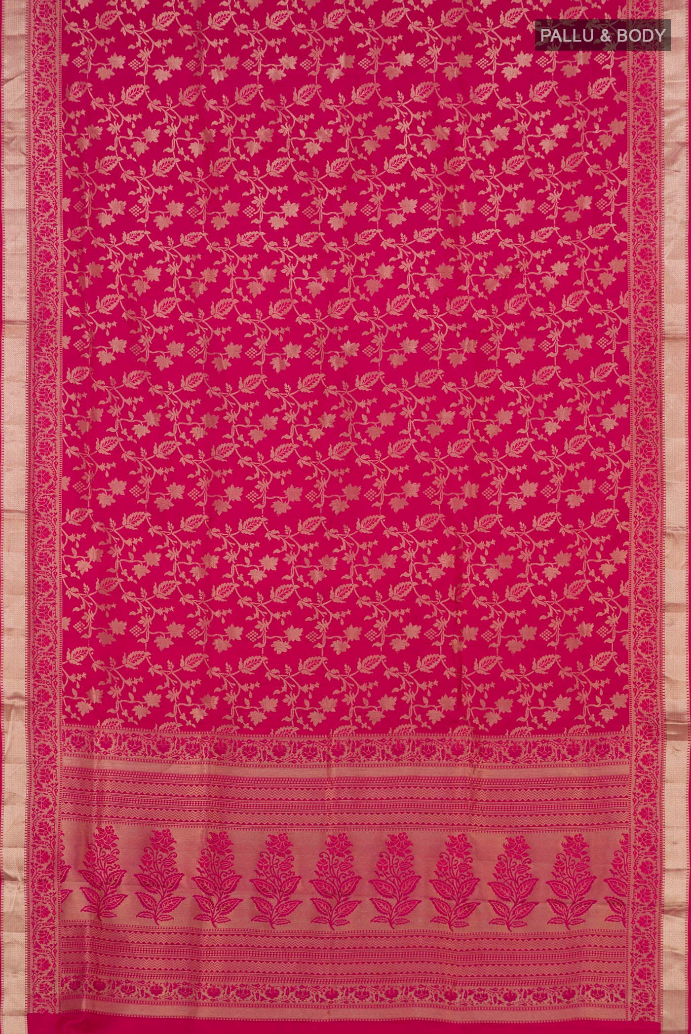 Flat view of Pink Soft Silk Saree with Zari Brocade on the body and Zari Border. 