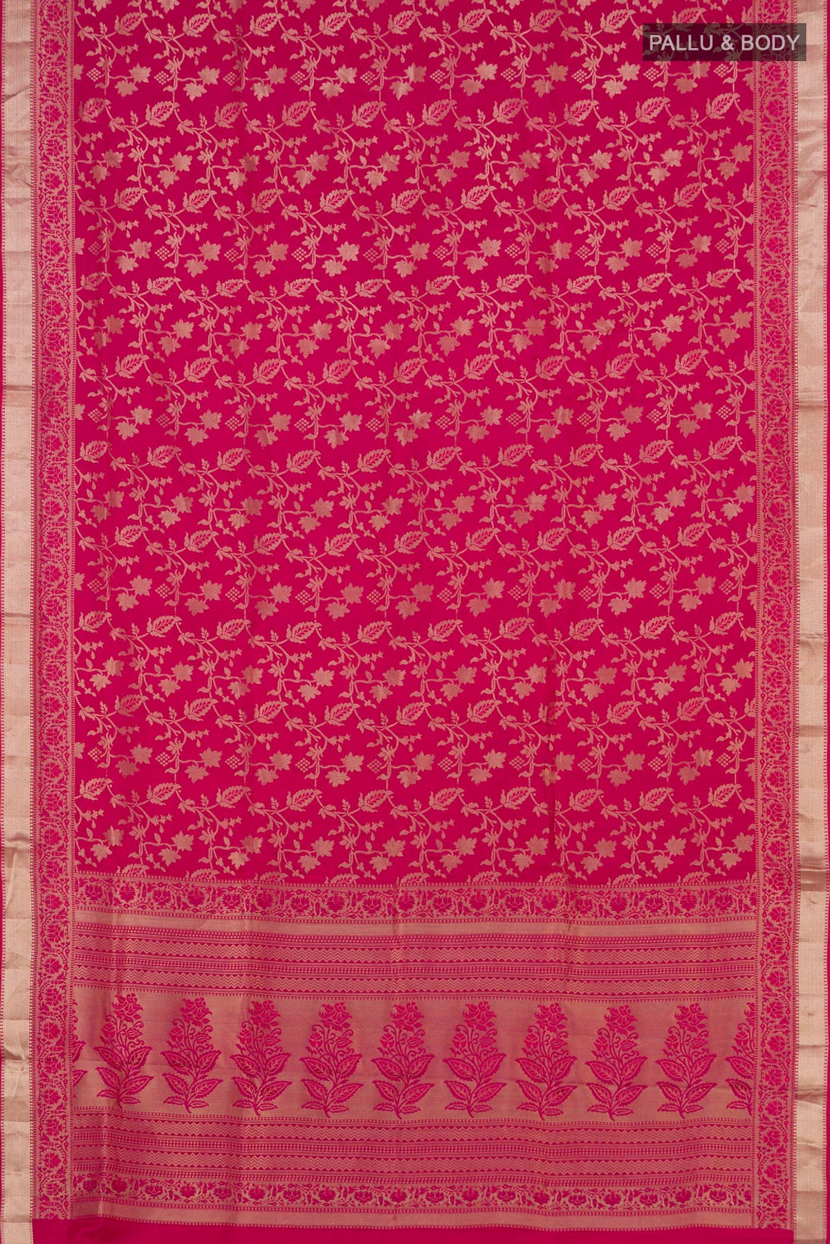 Flat view of Pink Soft Silk Saree with Zari Brocade on the body and Zari Border. 