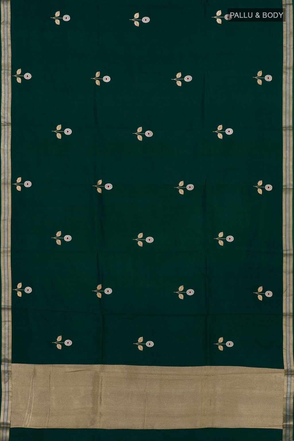 Flat view of Bottle Green Banarasi Katan Silk Saree with Zari Butta on the body and Zari Border. 