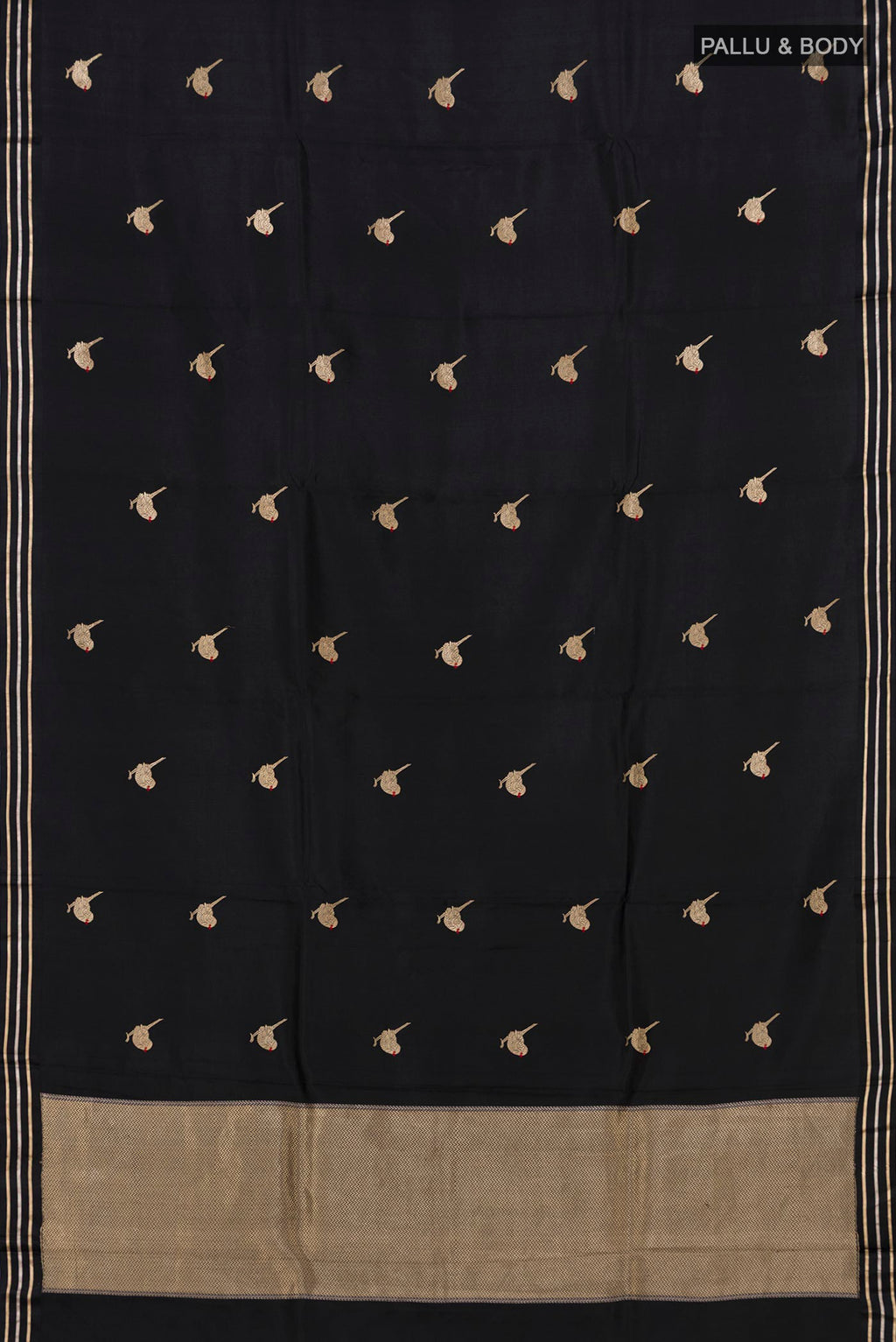 Flat view of Black Banarasi Katan Silk Saree with Zari Butta on the body and Thin Zari Line. 