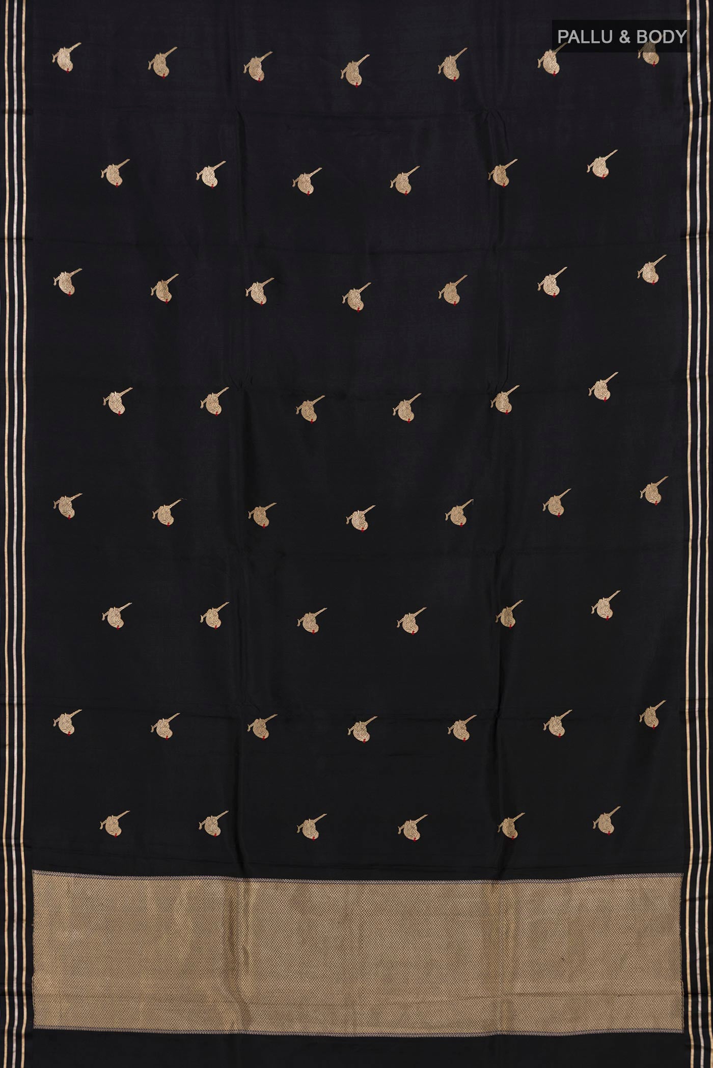 Flat view of Black Banarasi Katan Silk Saree with Zari Butta on the body and Thin Zari Line. 