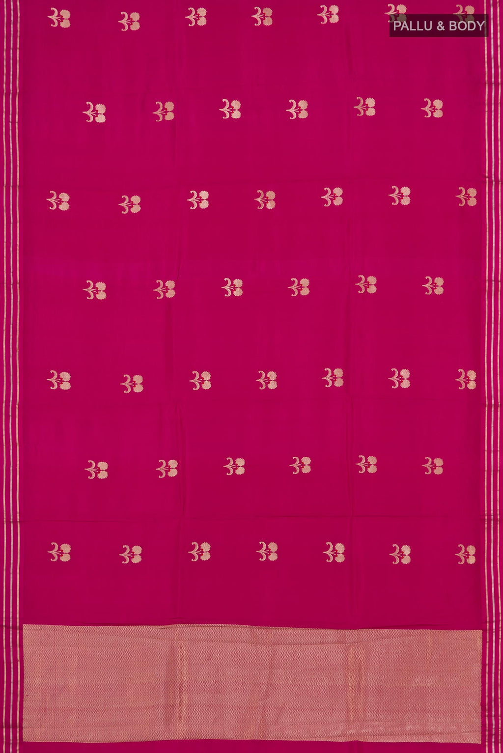 Flat view of Pink Banarasi Katan Silk Saree with Zari Butta on the body and Thin Zari Line. 