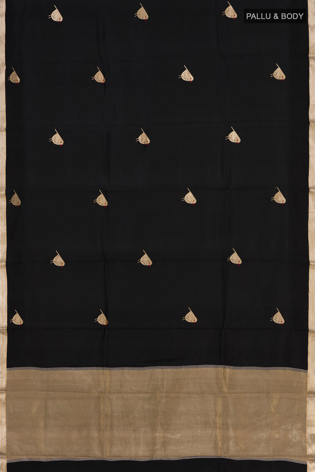 Flat view of Black Raw Silk Saree with Zari Butta on the body and Zari Border. 