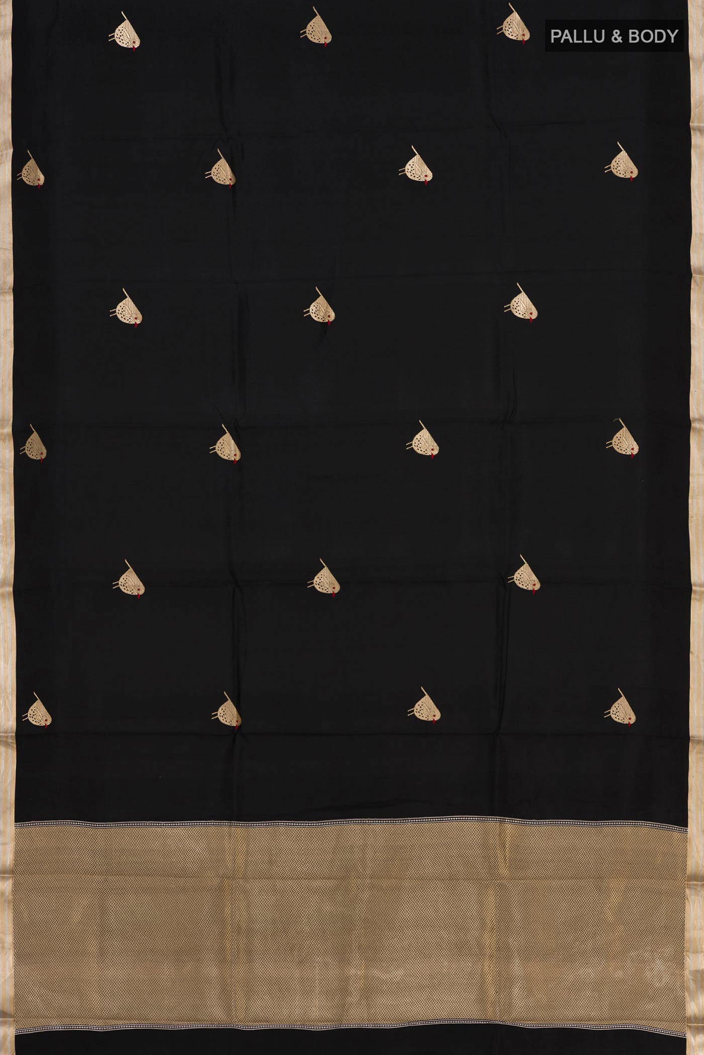 Flat view of Black Raw Silk Saree with Zari Butta on the body and Zari Border. 