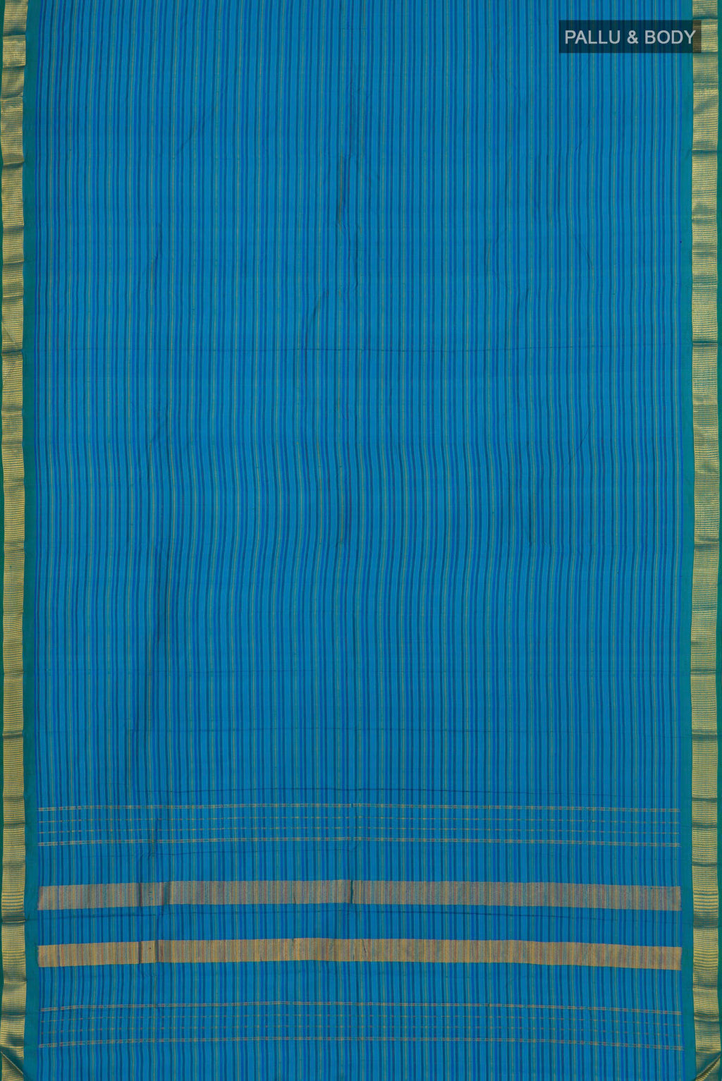 Flat view of Blue Kanjivaram Saree with Stripes on the body and Zari Border. 
