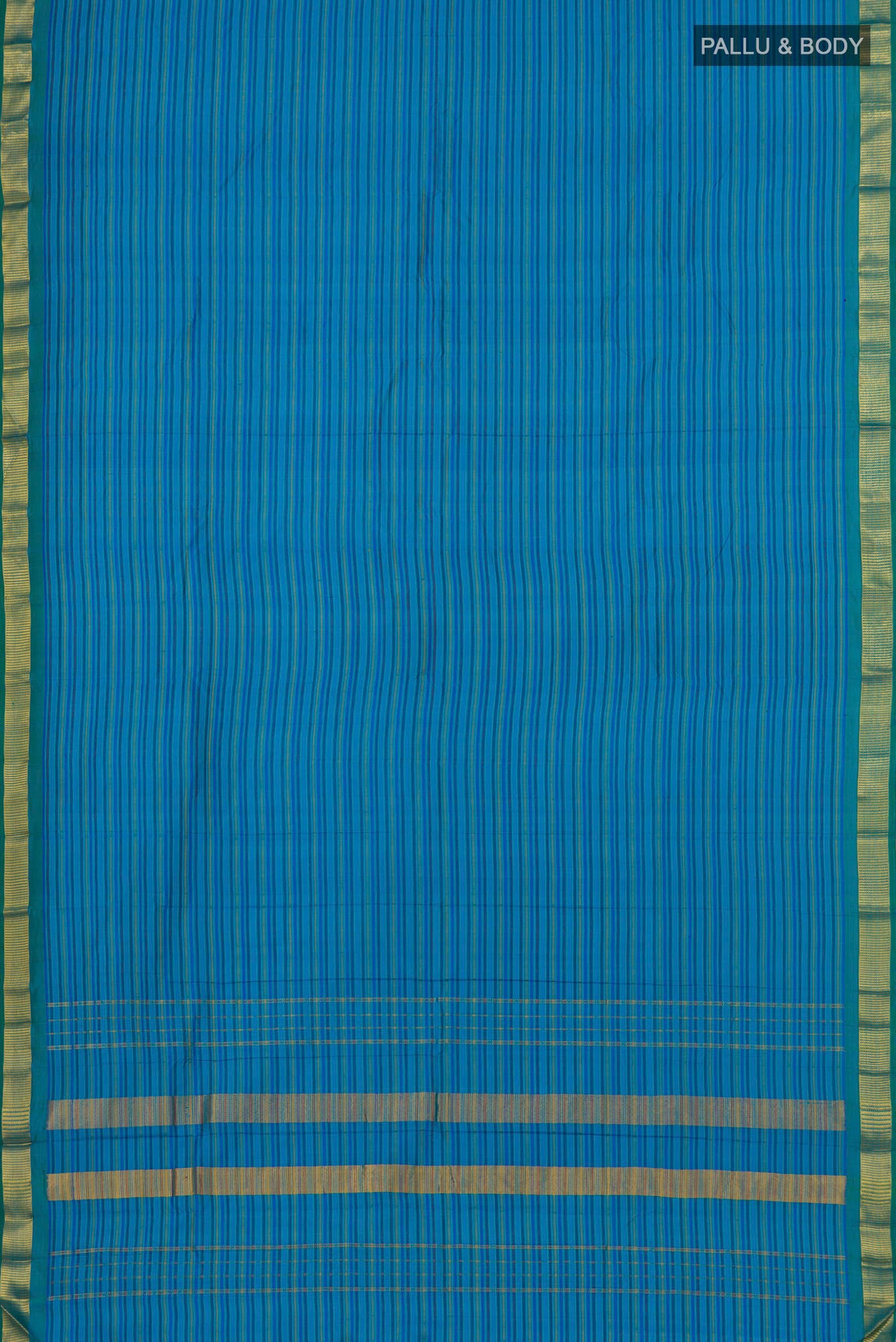 Flat view of Blue Kanjivaram Saree with Stripes on the body and Zari Border. 