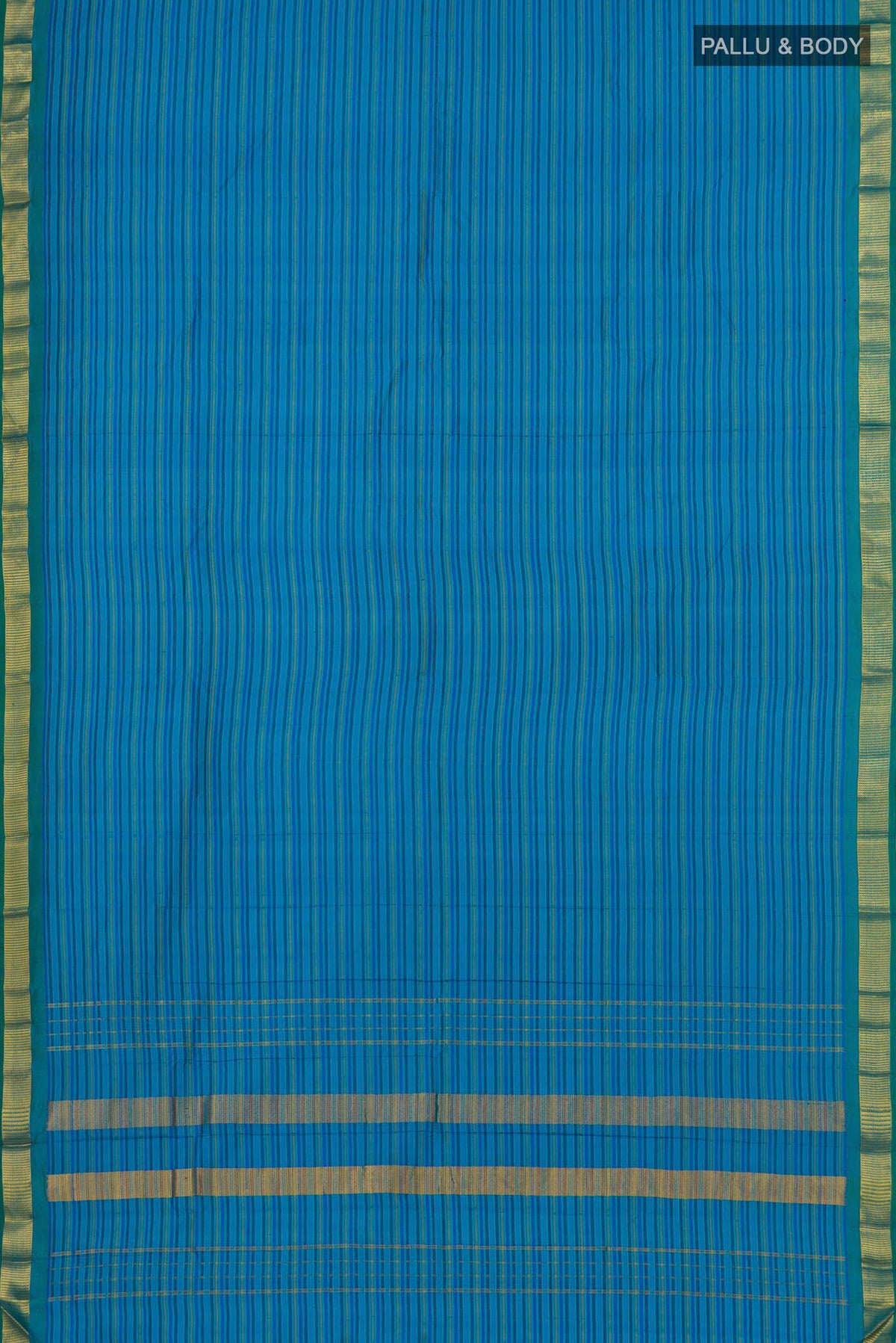 Flat view of Blue Kanjivaram Saree with Stripes on the body and Zari Border. 
