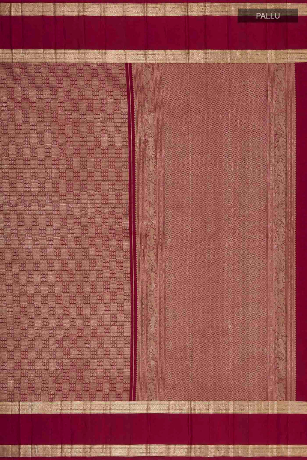 Close up image of the pallu of Maroon Kanchipuram Silk Saree with Zari Brocade on the body and Zari Border. 