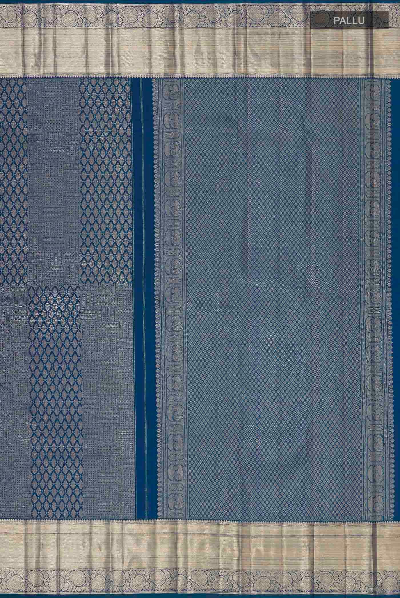 Close up image of the pallu of Green With Blue Color Kanchipuram Silk Saree with Zari Brocade on the body and Zari Border. 