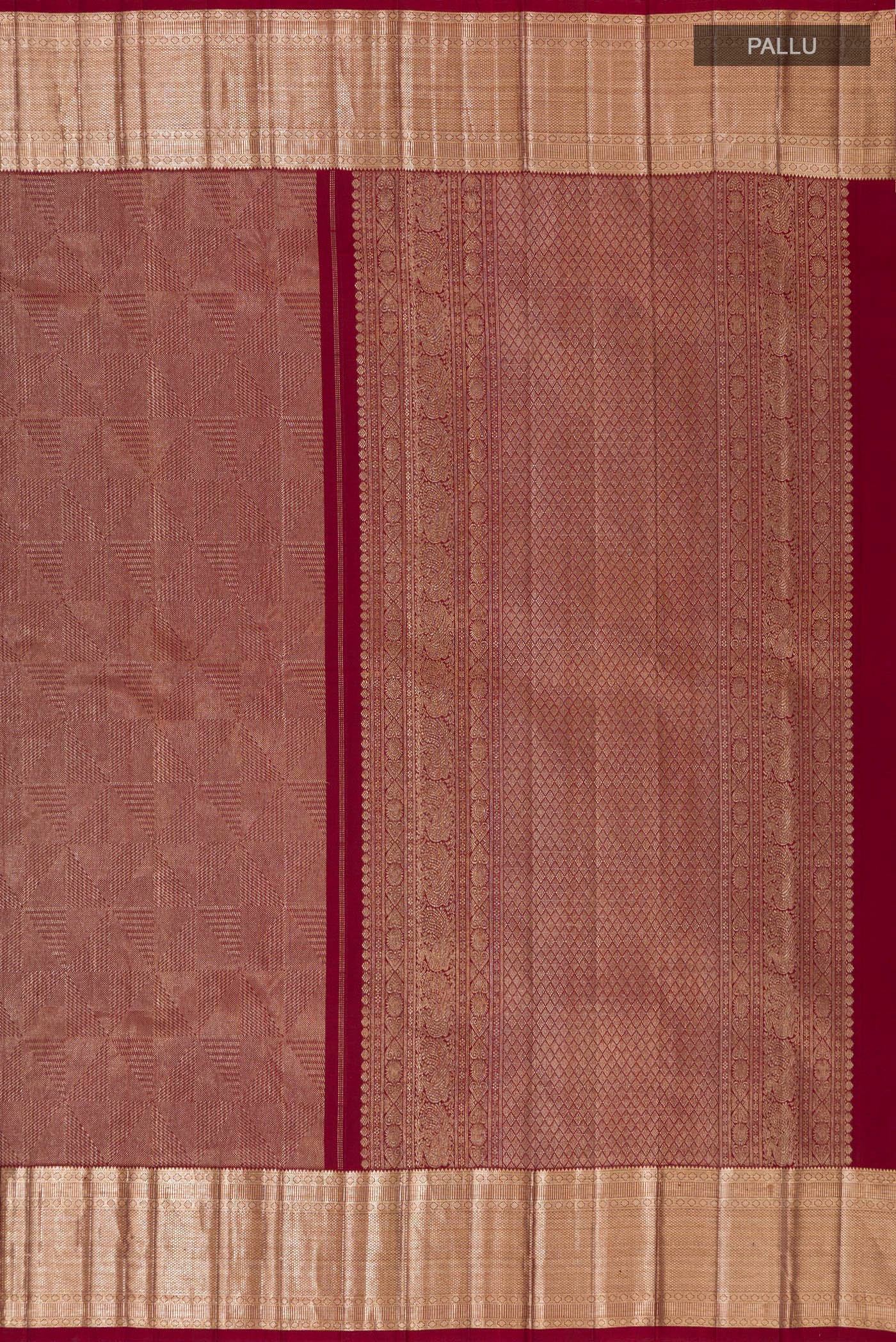 Close up image of the pallu of Maroon Kanchipuram Silk Saree with Zari Brocade on the body and Zari Border. 