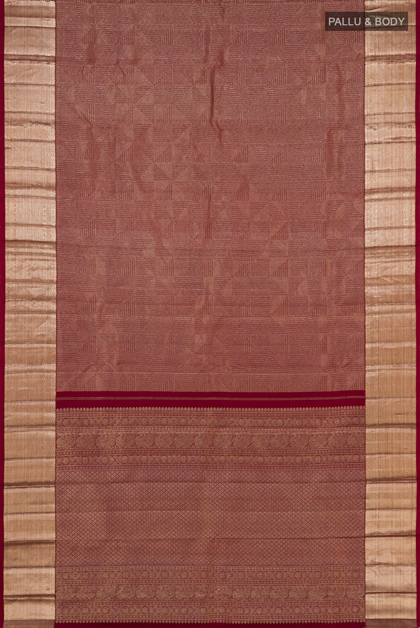 Flat view of Maroon Kanchipuram Silk Saree with Zari Brocade on the body and Zari Border. 