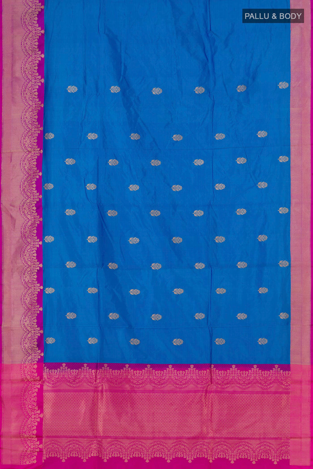 Flat view of Blue Banarasi Katan Silk Saree with Zari Butta on the body and Zari Border. 