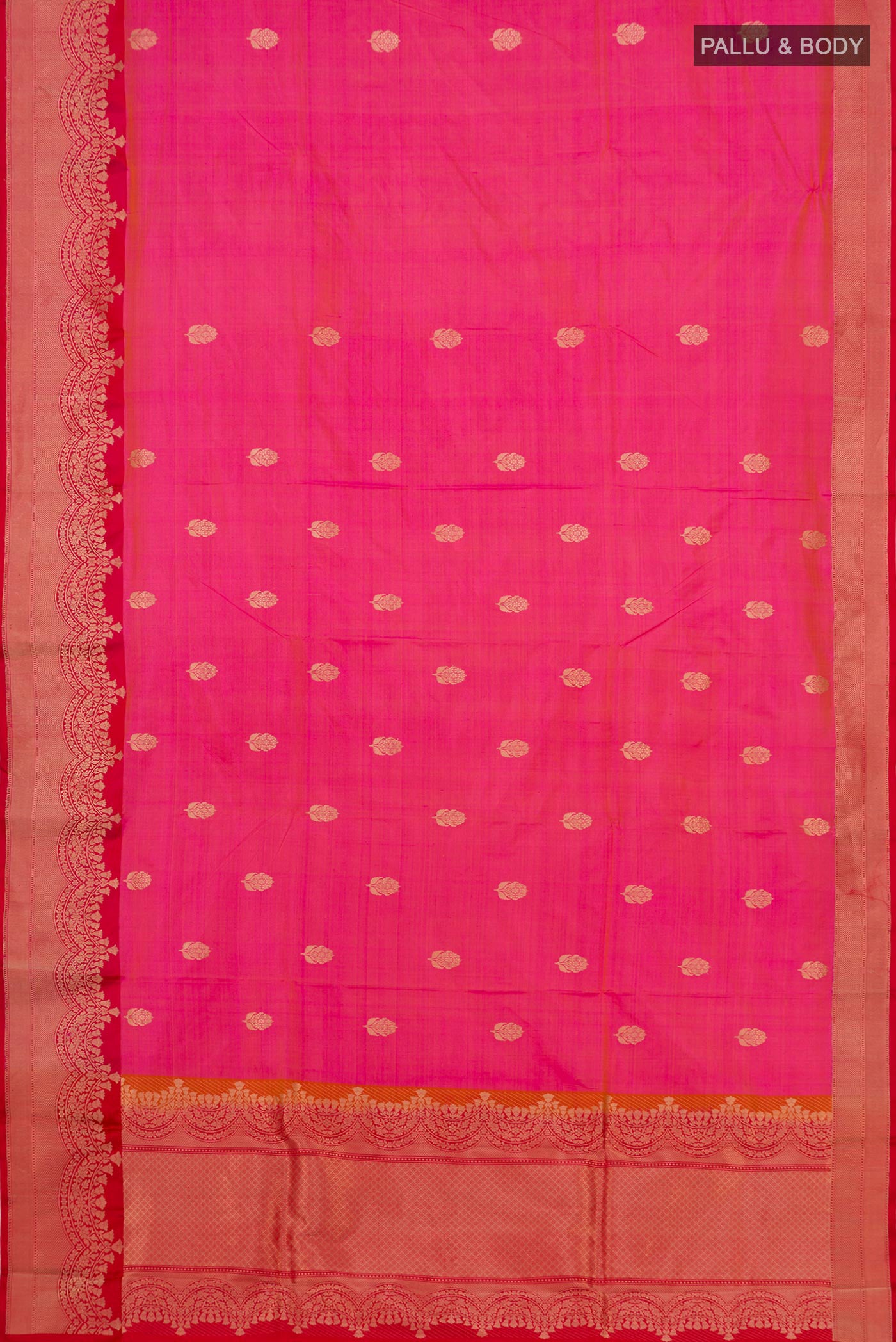 Flat view of Pink Banarasi Katan Silk Saree with Zari Butta on the body and Zari Border. 
