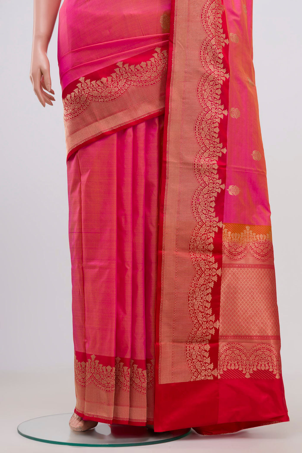 Pleats and pallu of Pink Banarasi Katan Silk Saree with Zari Butta on the body and Zari Border. 