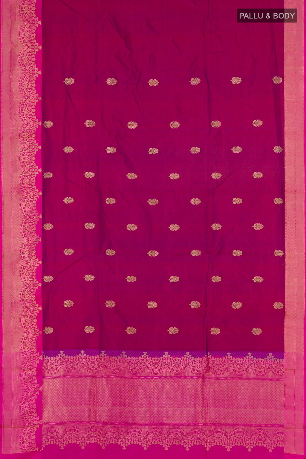Flat view of Maroon Banarasi Katan Silk Saree with Zari Butta on the body and Zari Border. 