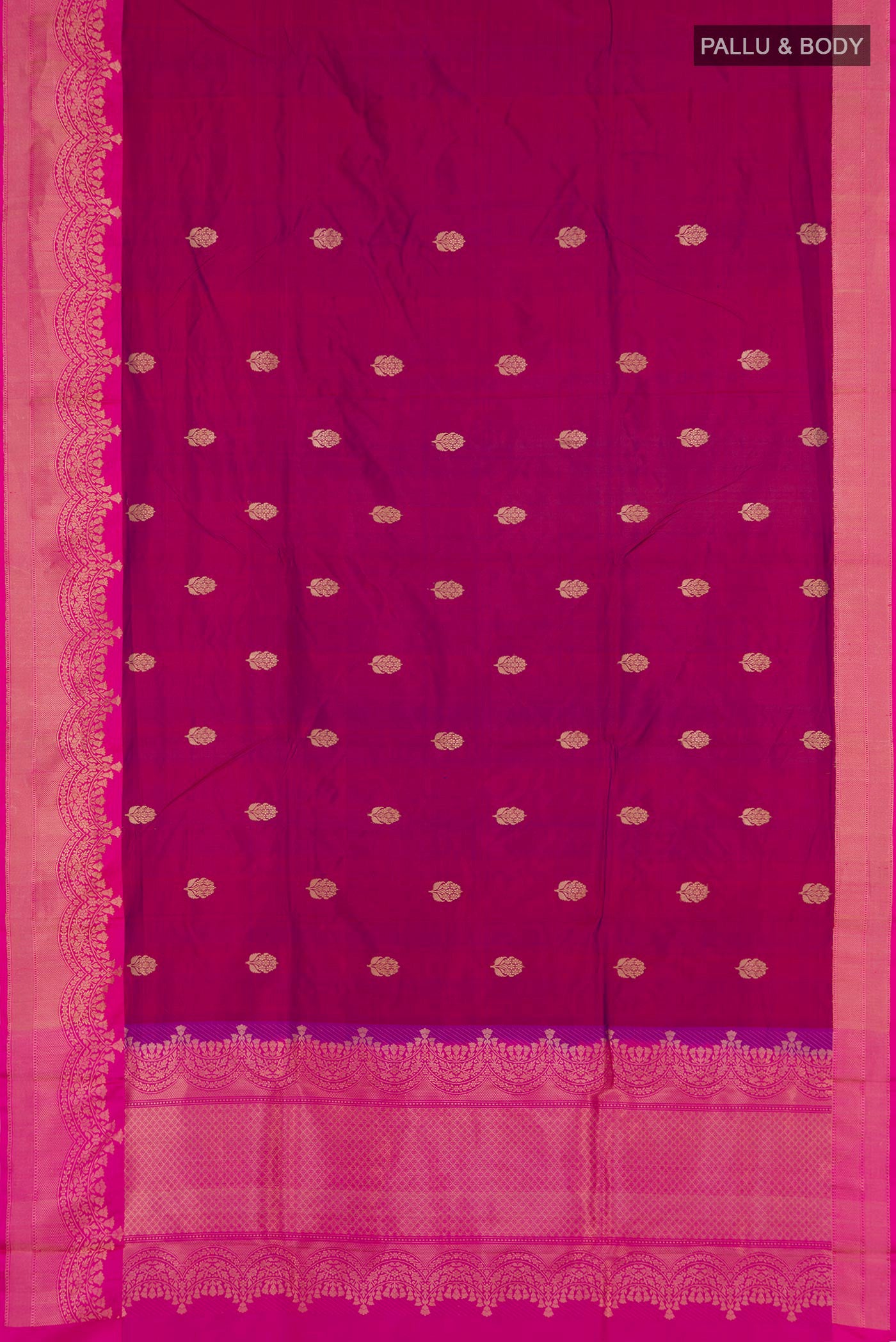 Flat view of Maroon Banarasi Katan Silk Saree with Zari Butta on the body and Zari Border. 