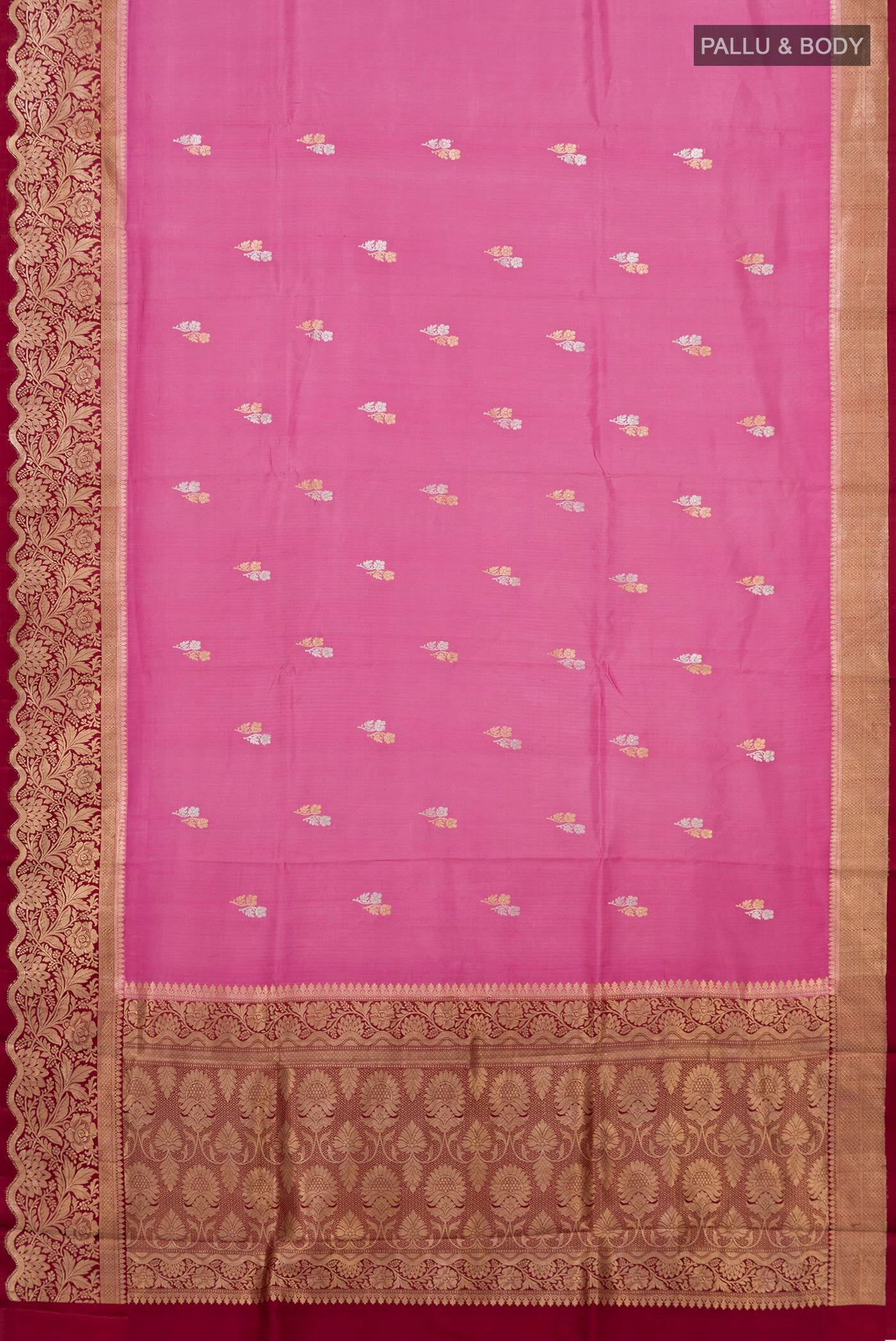 Flat view of Pink Banarasi Katan Silk Saree with Zari Butta on the body and Zari Border. 
