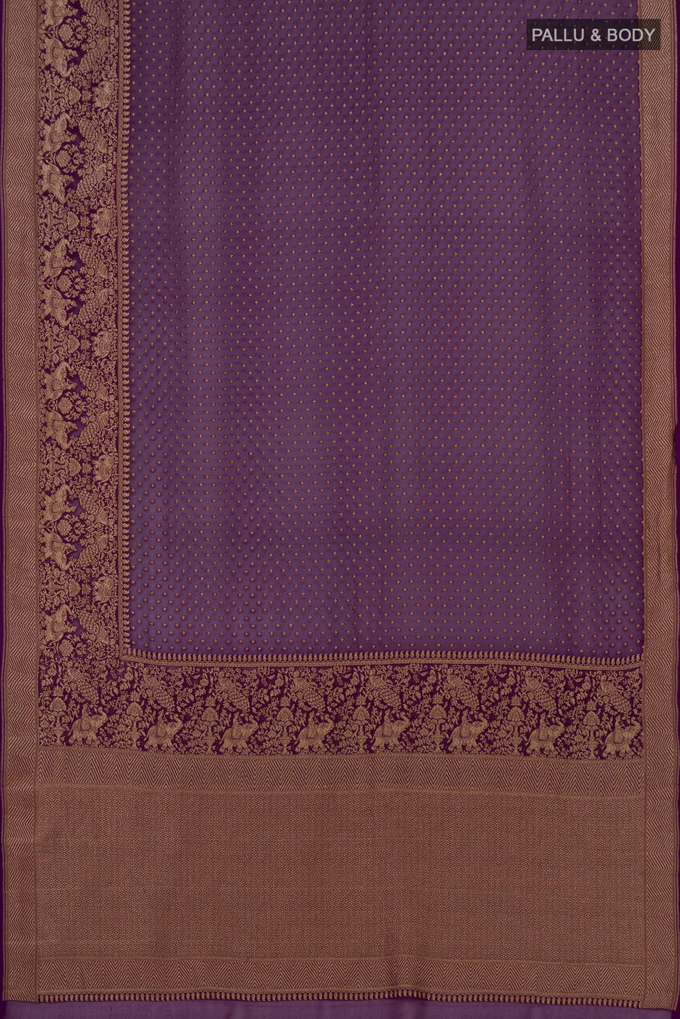 Flat view of Purple Georgette Saree with Fancy on the body and Fancy Border. 