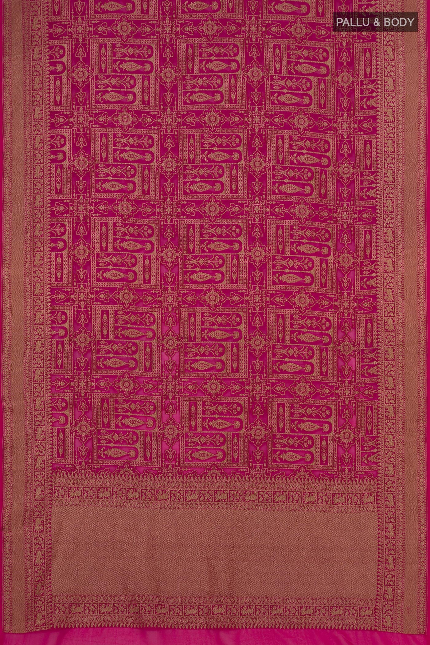 Flat view of Pink Georgette Saree with Fancy on the body and Zari Border. 
