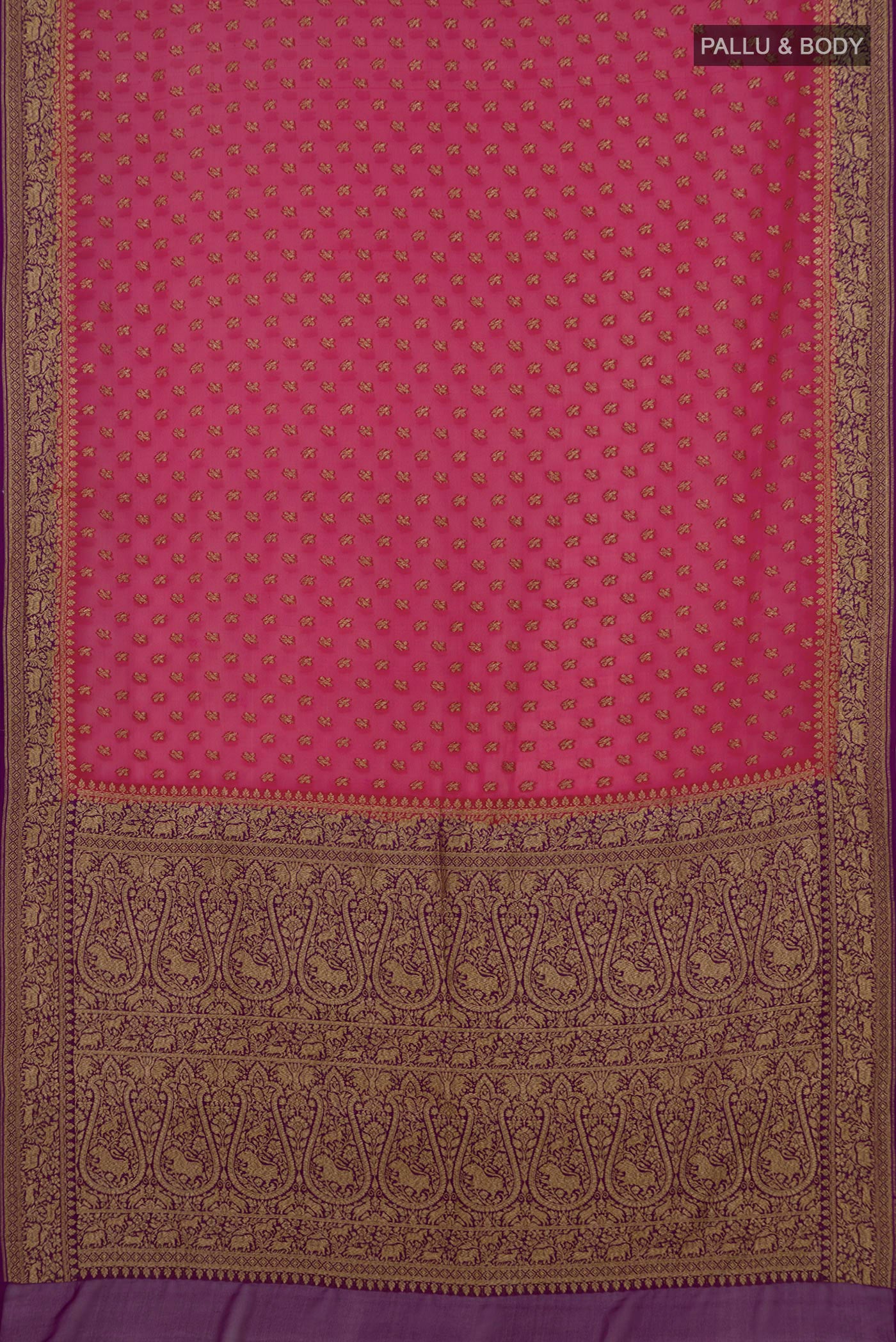 Flat view of Red Georgette Saree with Fancy on the body and Zari Border. 