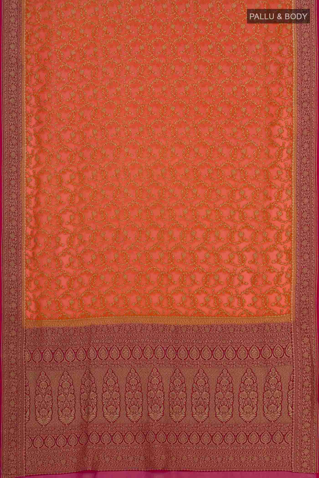 Flat view of Orange Banarasi Georgette Saree with Zari Brocade on the body and Zari Border. 
