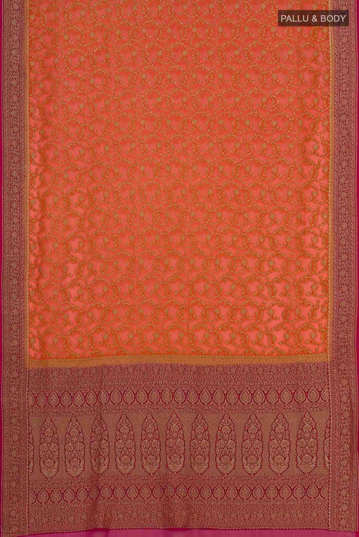 Flat view of Orange Banarasi Georgette Saree with Zari Brocade on the body and Zari Border. 