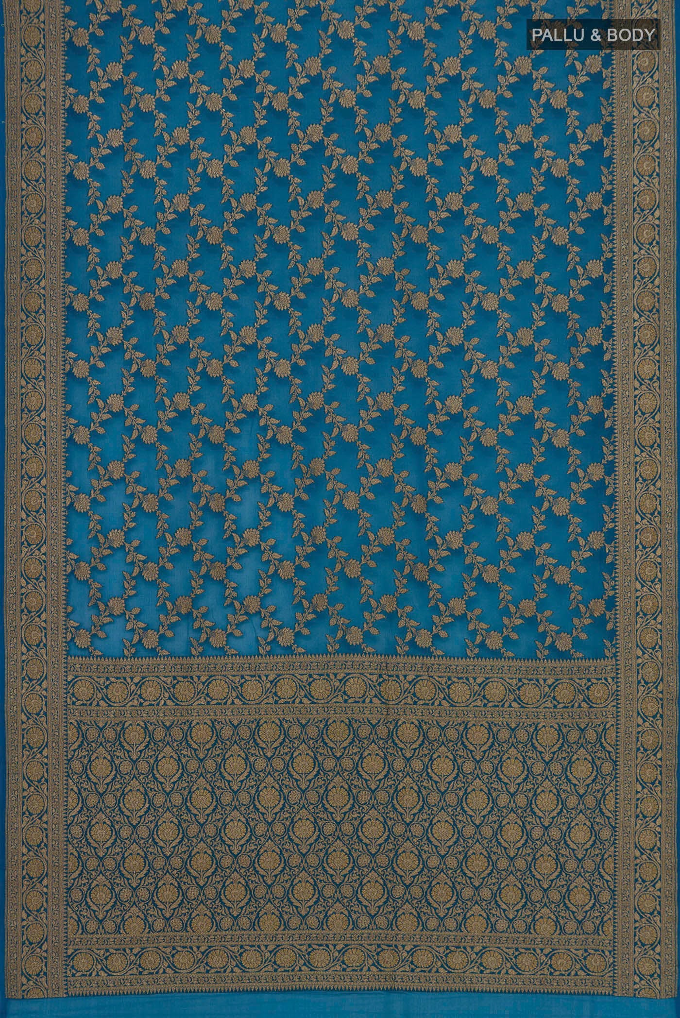 Flat view of Blue Banarasi Georgette Saree with Fancy on the body and Zari Border. 