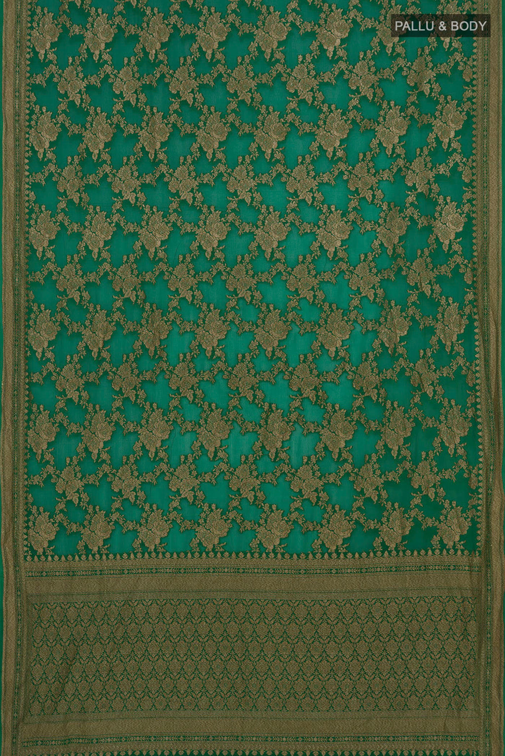 Flat view of Green Georgette Saree with Fancy on the body and Zari Border. 