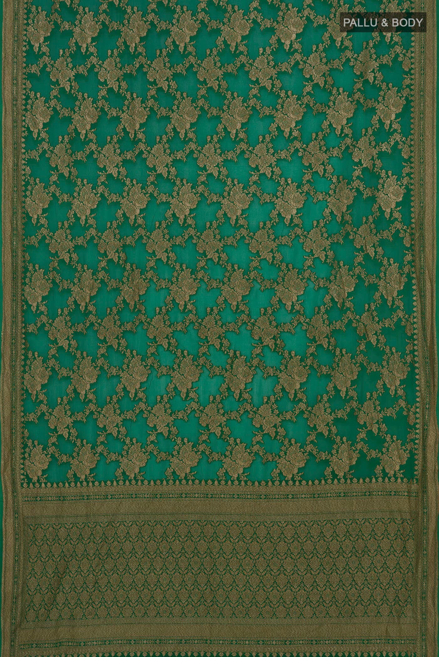 Flat view of Green Georgette Saree with Fancy on the body and Zari Border. 