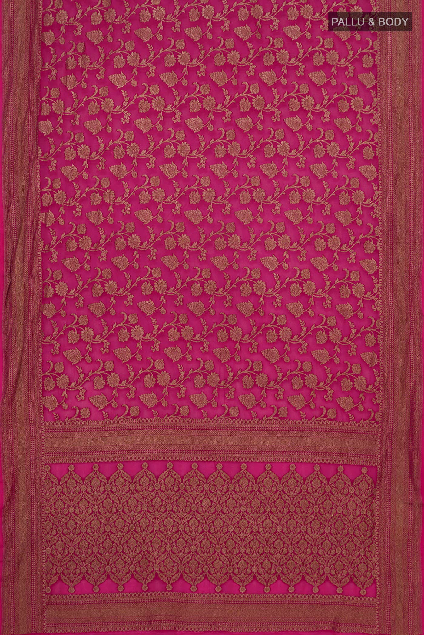 Flat view of Pink Georgette Saree with Fancy on the body and Zari Border. 