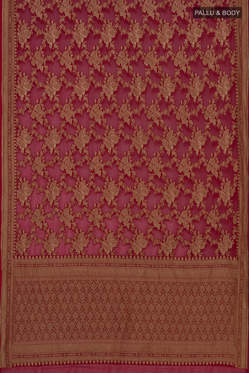 Flat view of Maroon Georgette Saree with Fancy on the body and Zari Border. 