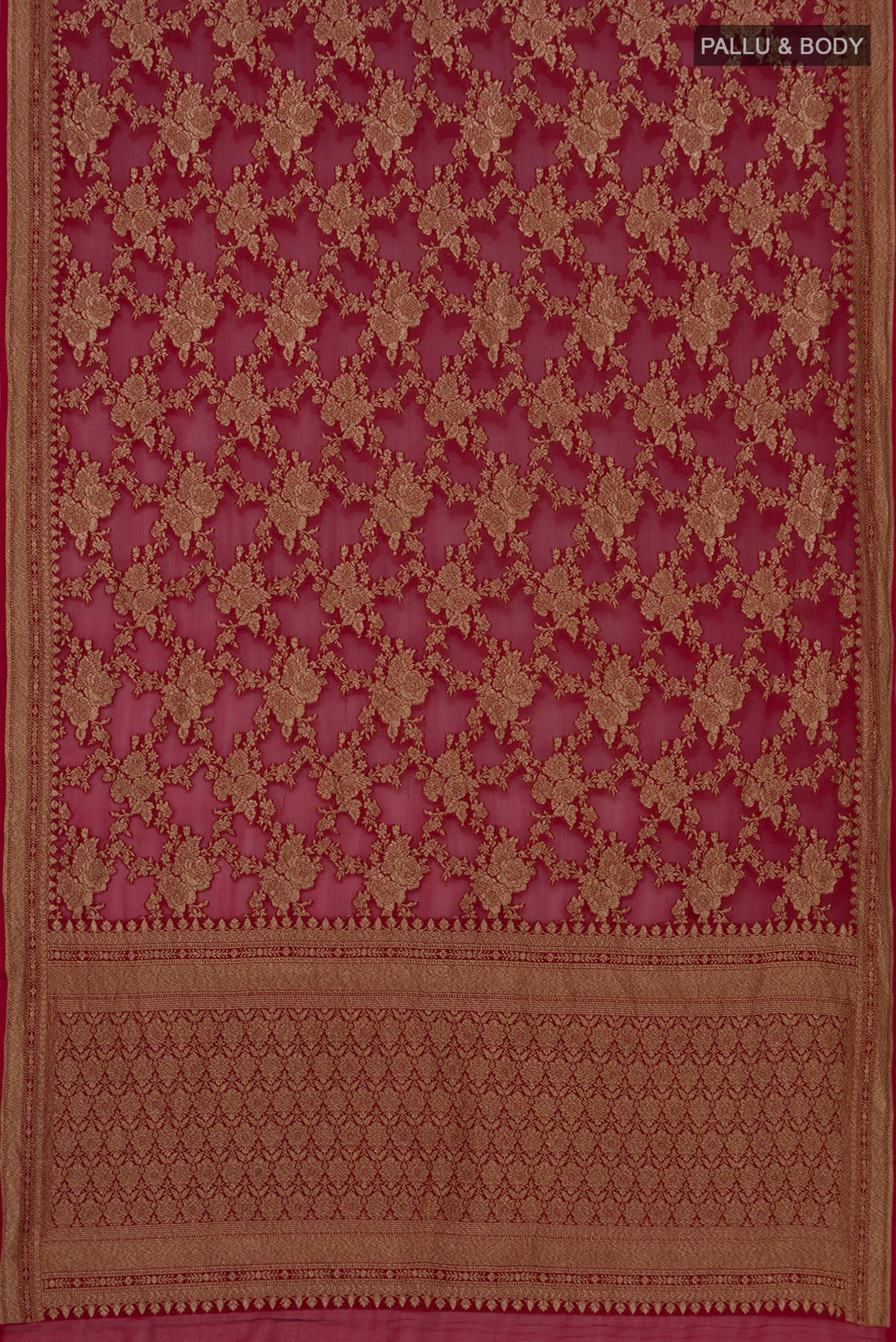 Flat view of Maroon Georgette Saree with Fancy on the body and Zari Border. 