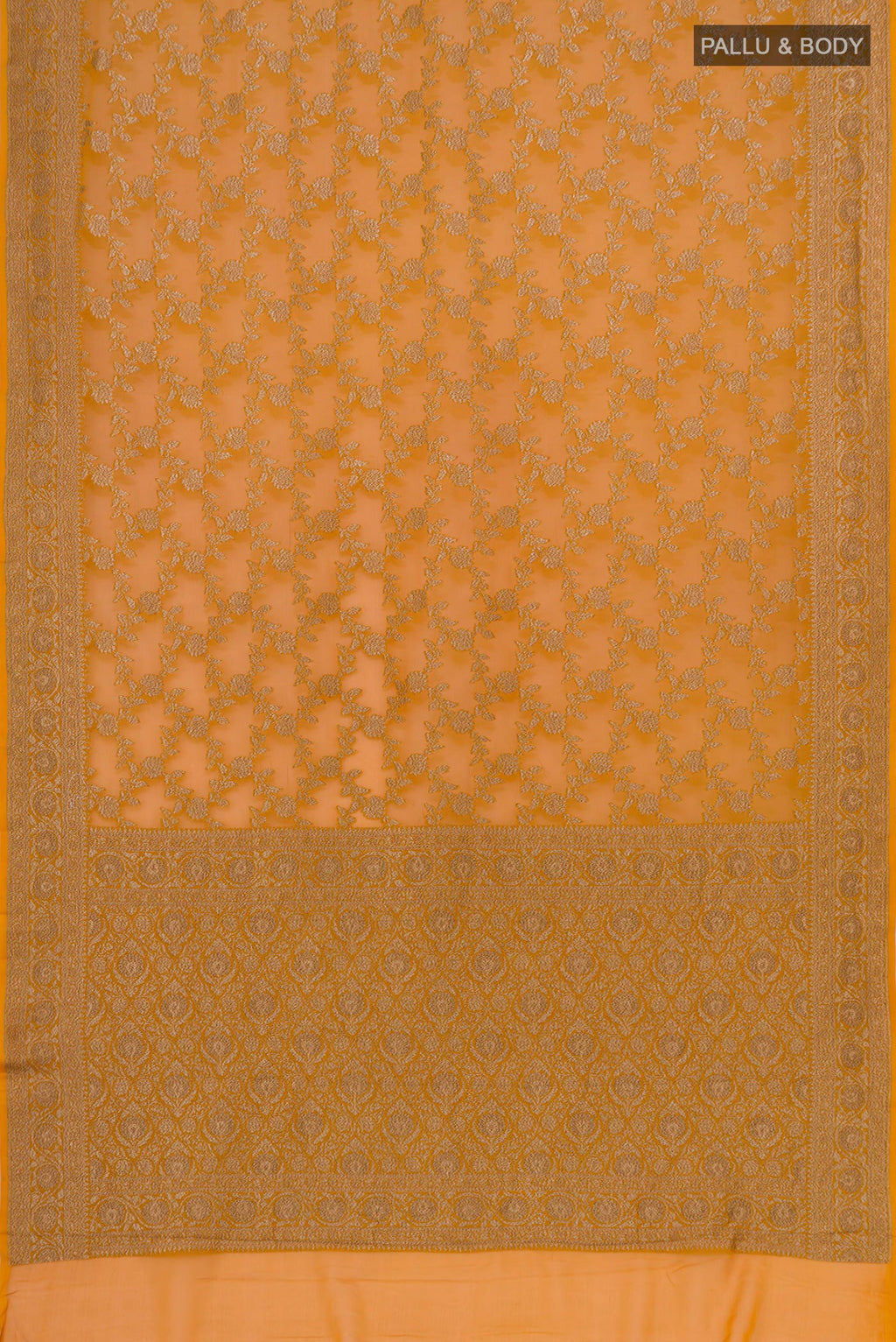 Flat view of Yellow Banarasi Georgette Saree with Fancy on the body and Zari Border. 