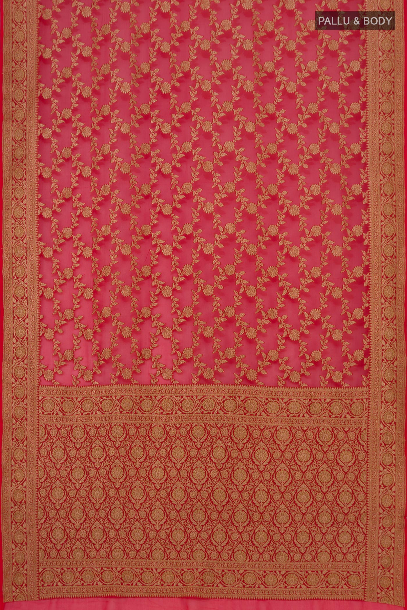 Flat view of Red Georgette Saree with Fancy on the body and Zari Border. 