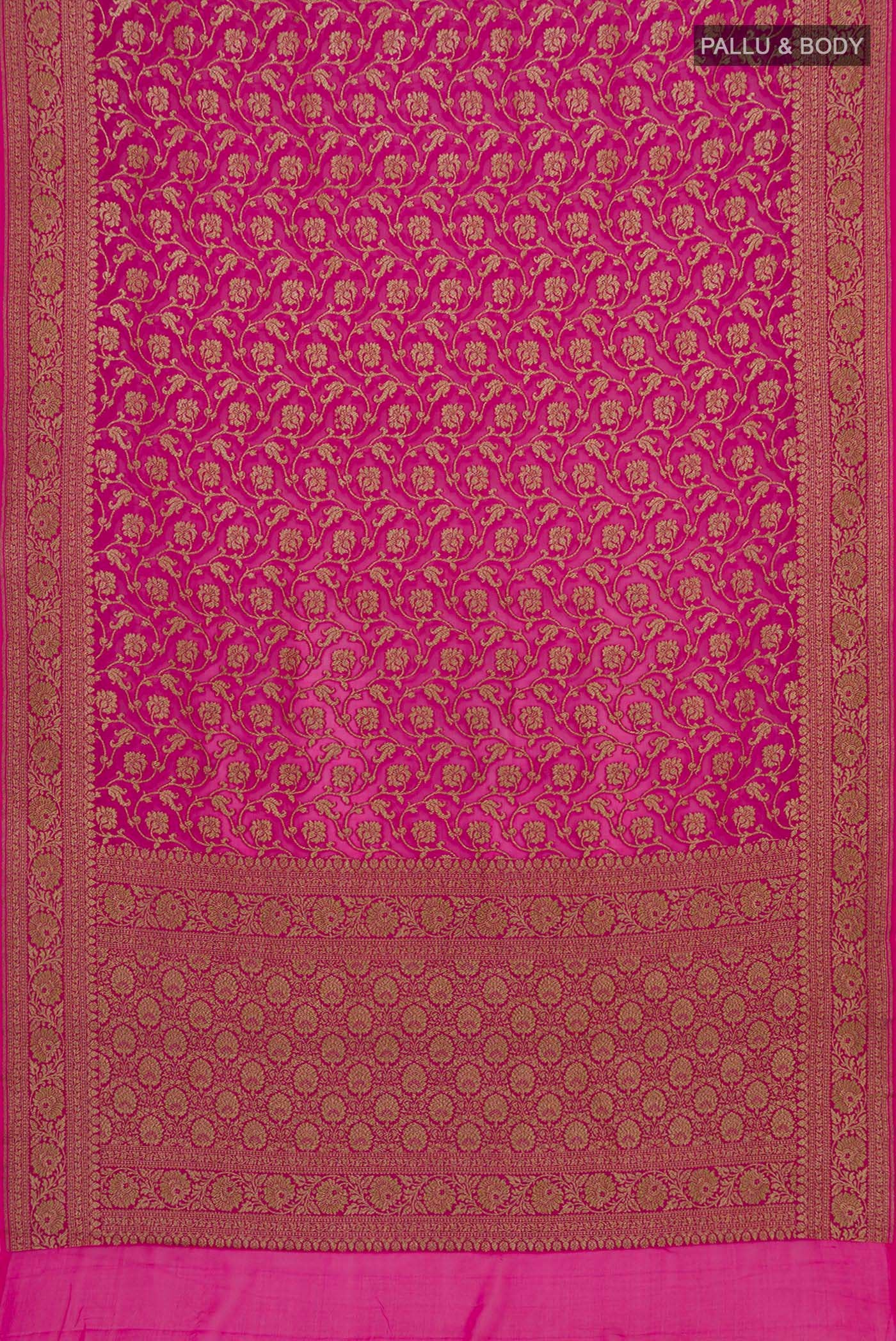 Flat view of Pink Georgette Saree with Fancy on the body and Zari Border. 