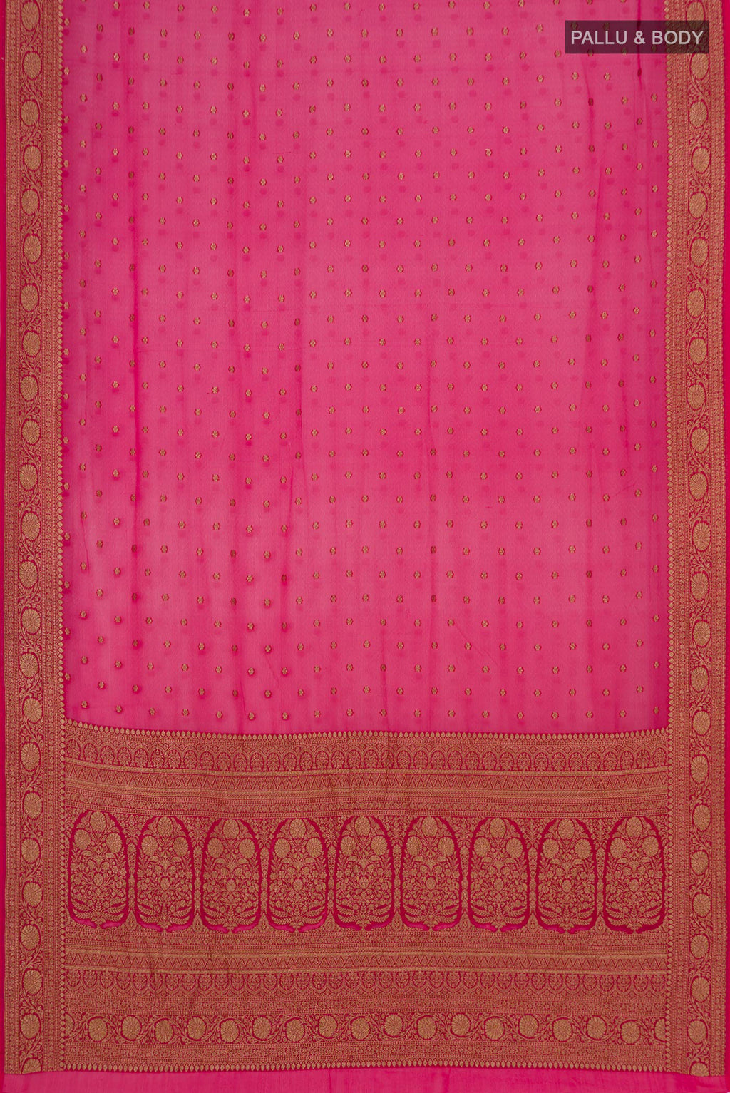 Flat view of Pink Banarasi Georgette Saree with Zari Butta on the body and Zari Border. 
