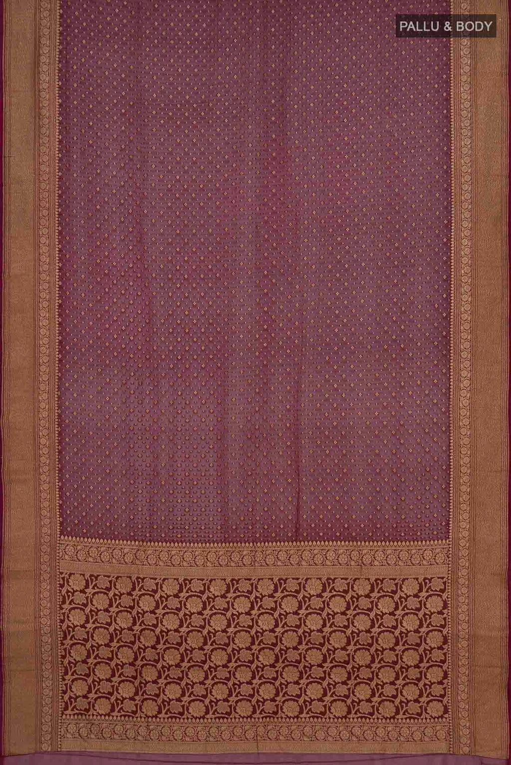 Flat view of Maroon Banarasi Georgette Saree with Zari Brocade on the body and Zari Border. 