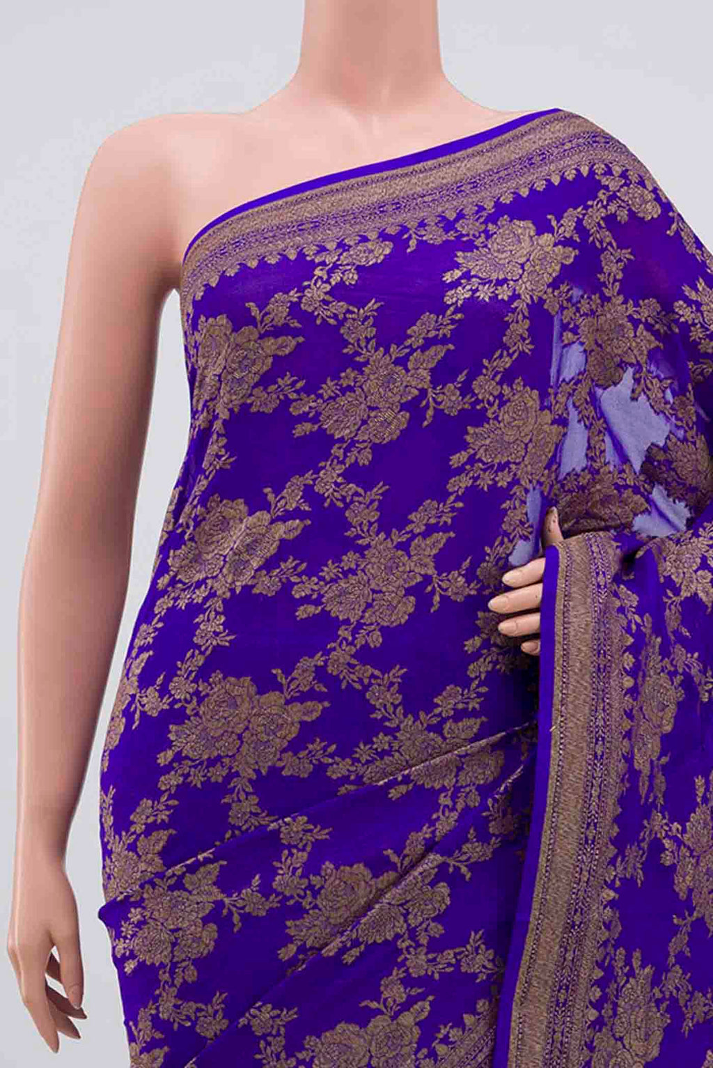 Border image of Royal Blue Banarasi Georgette Saree with Zari Brocade on the body and Zari Border. 